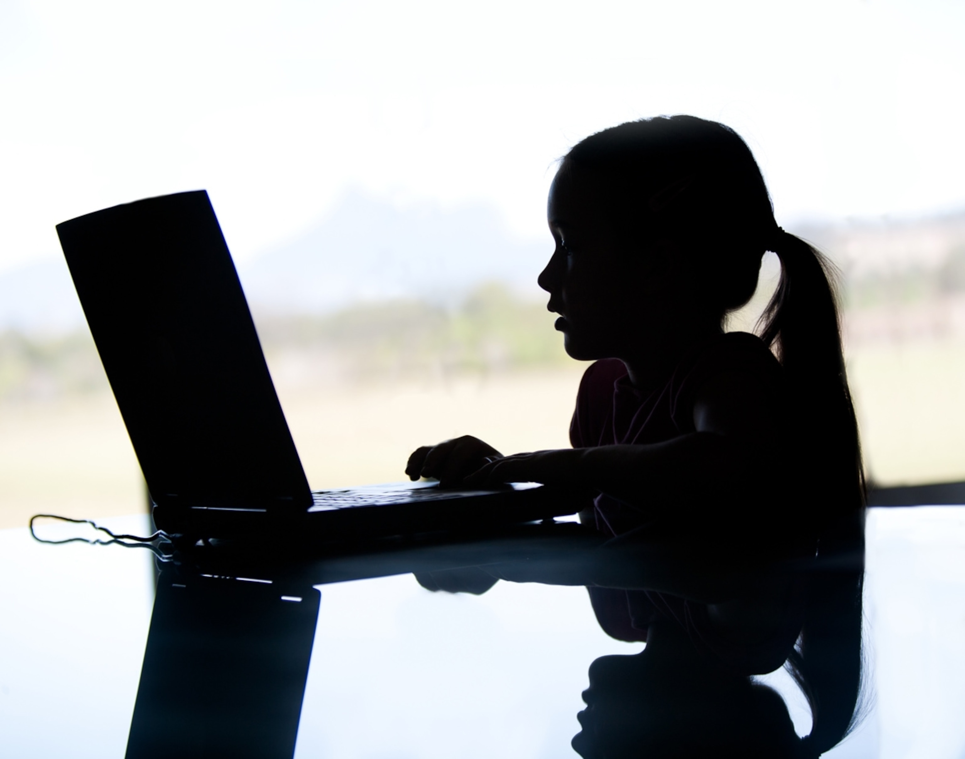 A silhouette of a young girl on the computer may be in danger due to a cyberbully.