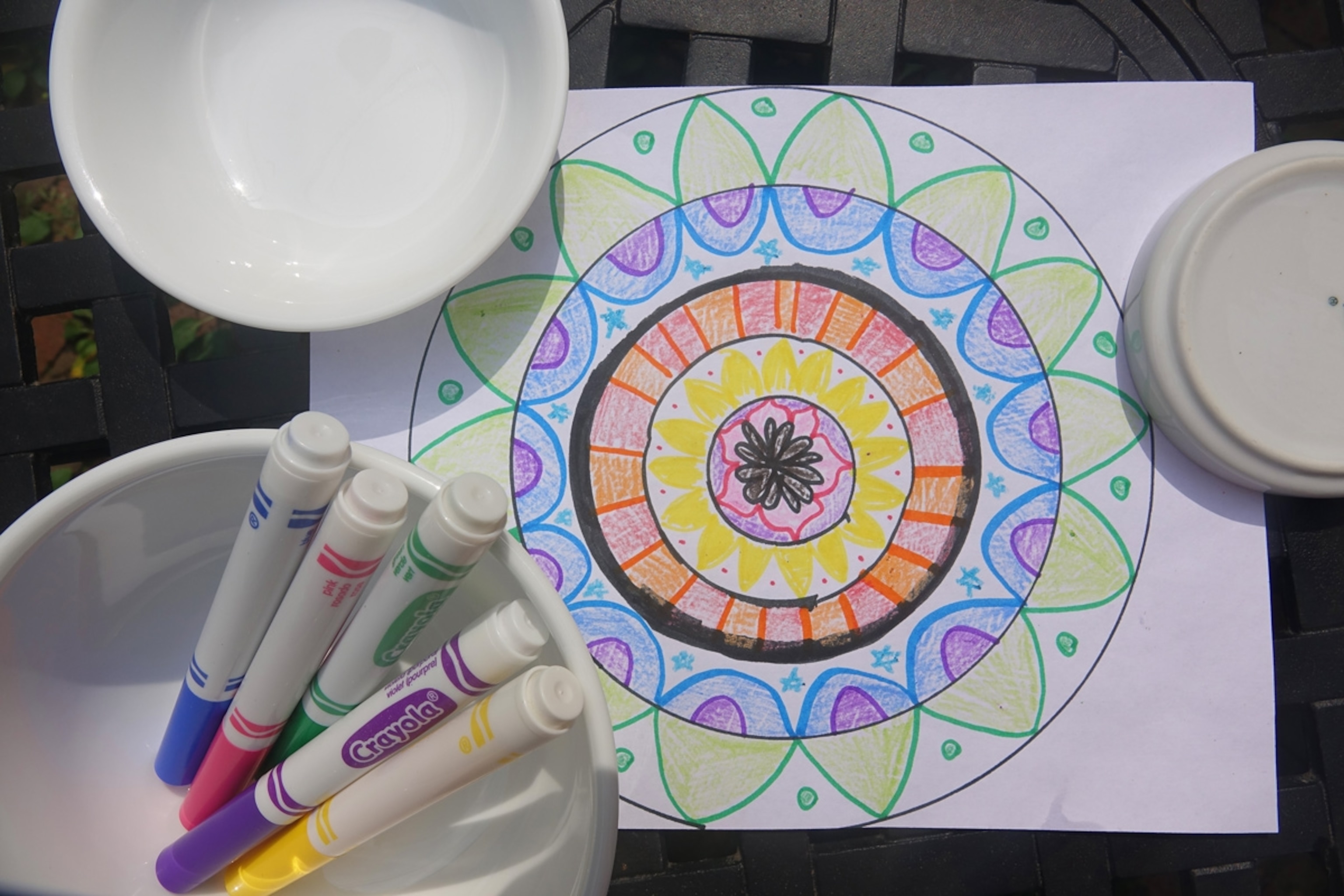 Mandalas created using plates, bowls, markers and colored pencils.