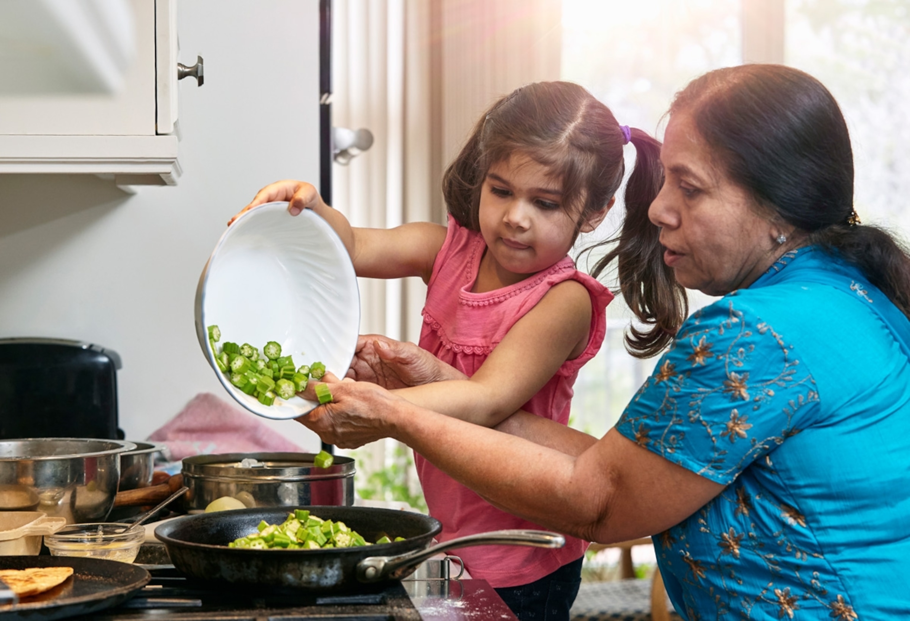 Indian American Family cooking.
