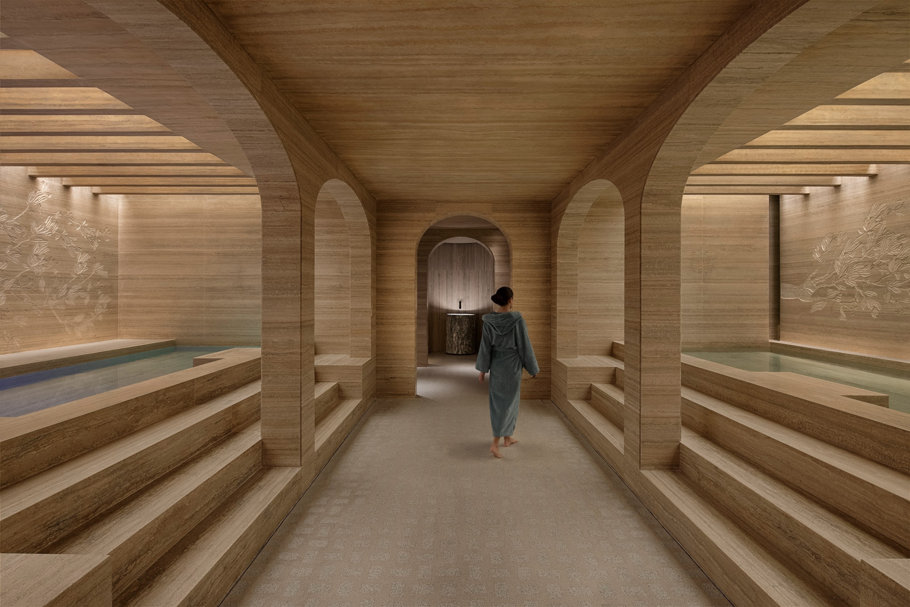 A person walks through the Roman baths in the spa at the Six Senses Rome.