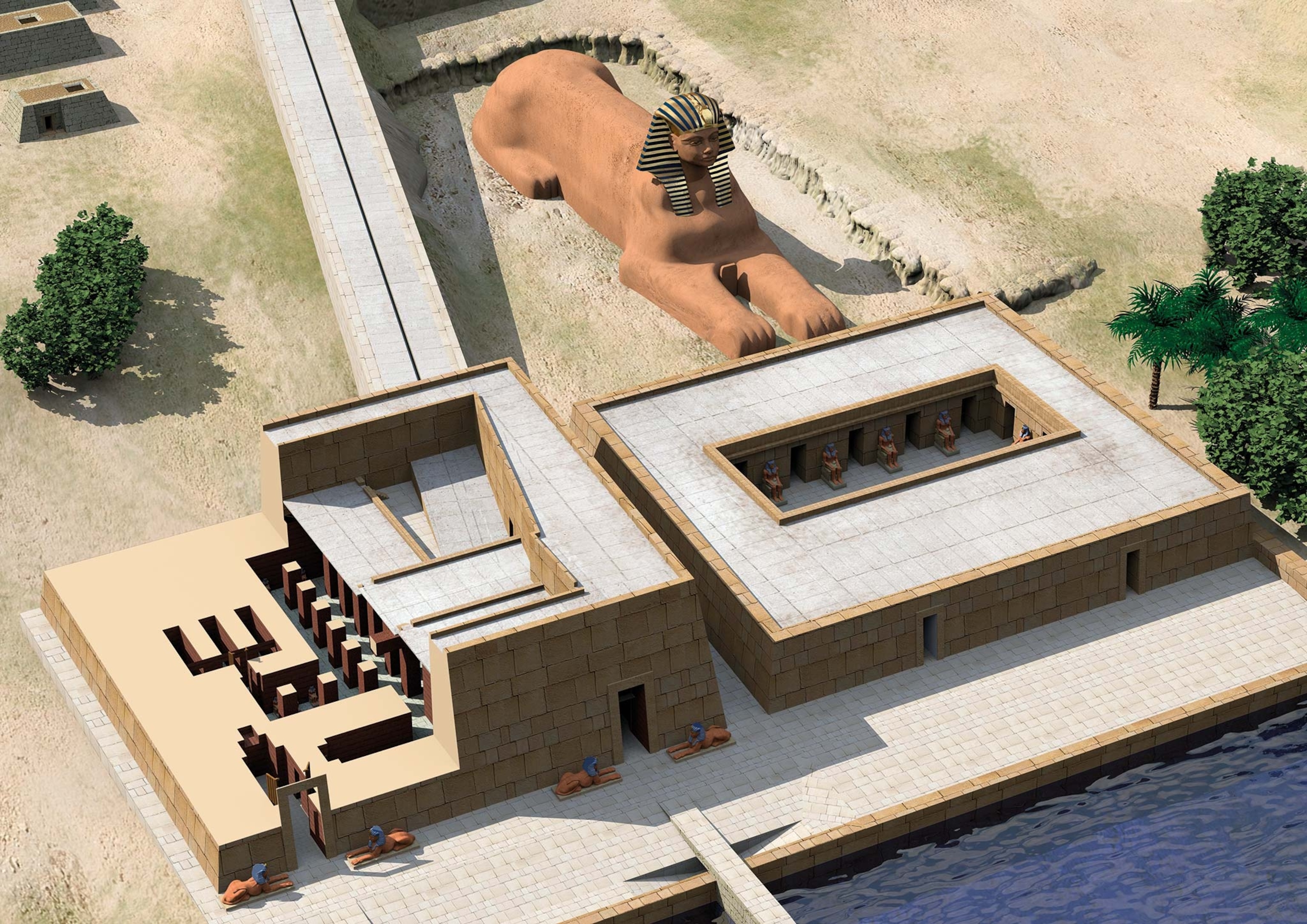 A recreation of the complex near the Great Sphinx, including the Temple of the Sphinx and the Valley Temple of Khafre