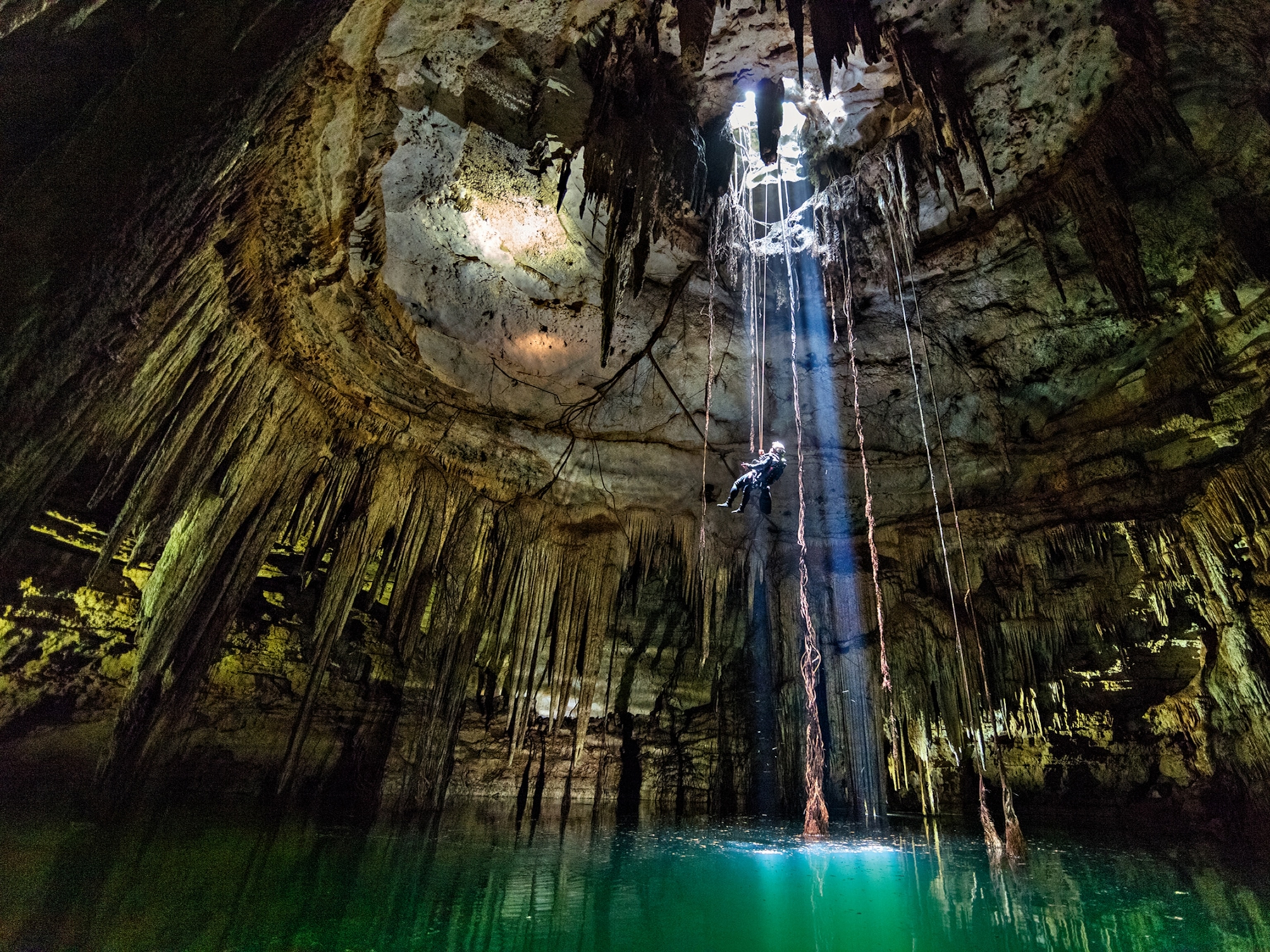 archaeologist Guillermo de Anda descending into the Holtún cenote