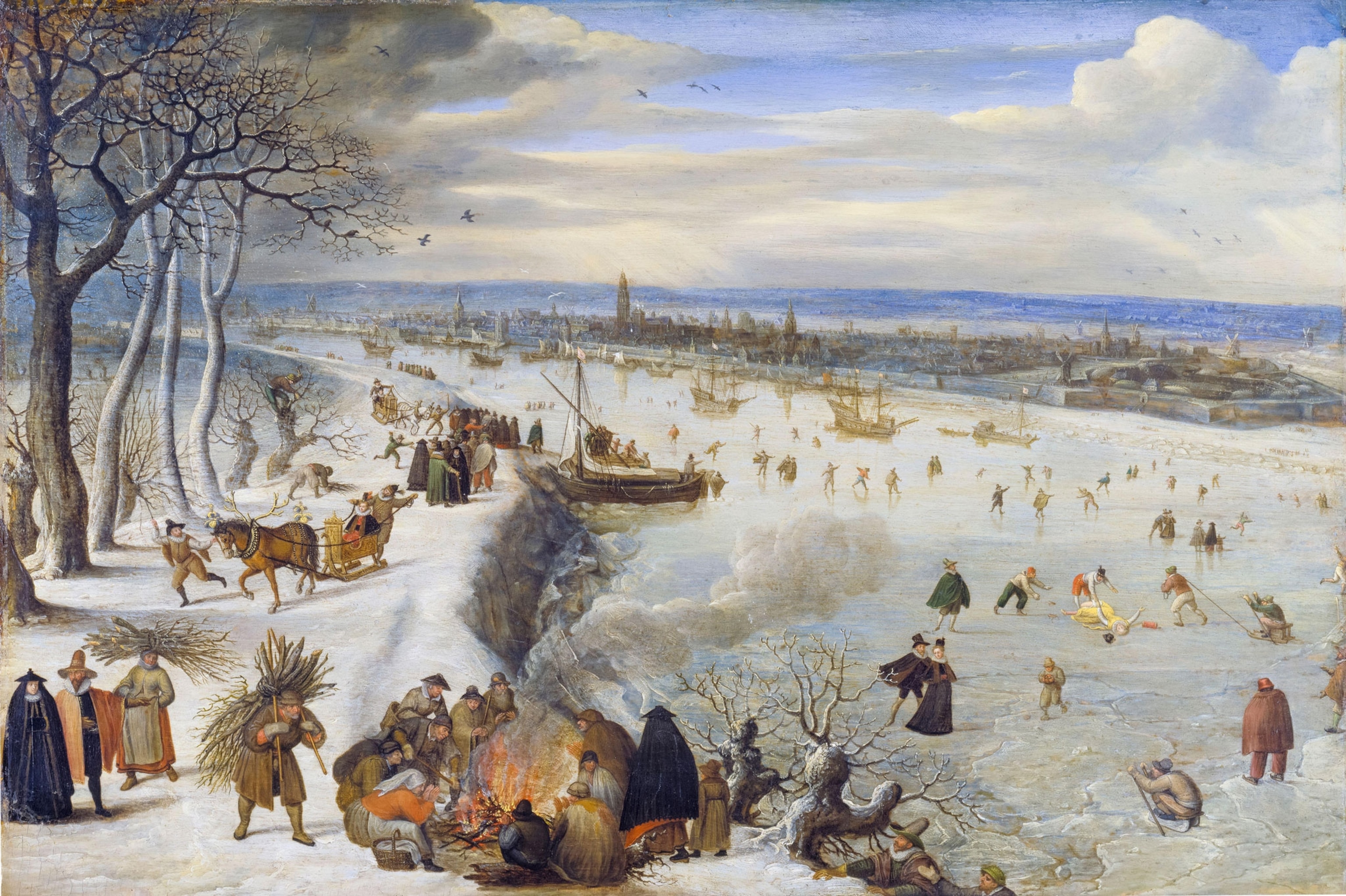 a painting depicting people on a frozen river during the little ice age