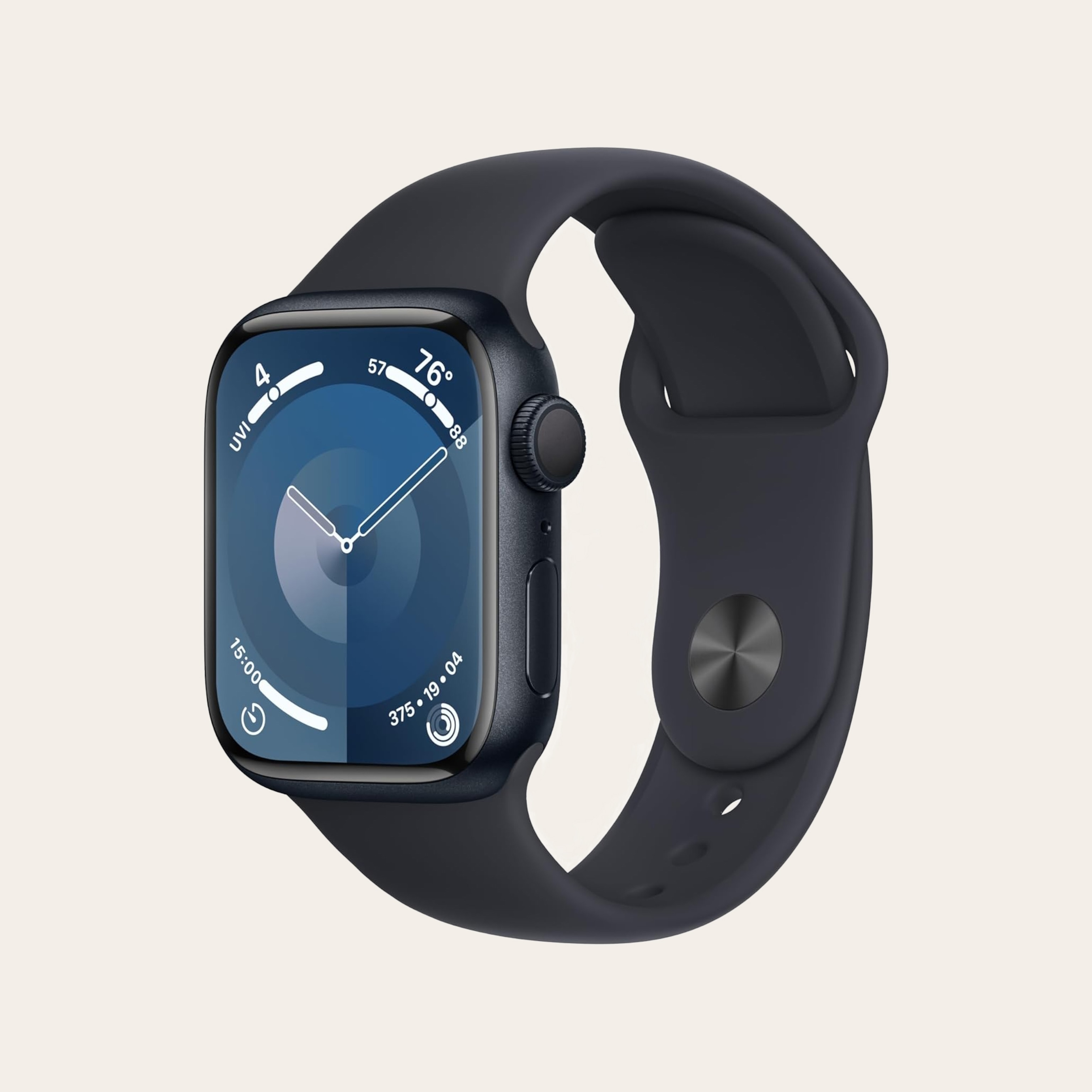 A navy blue smart watch with a rectangular face and silicone band against a tan background.