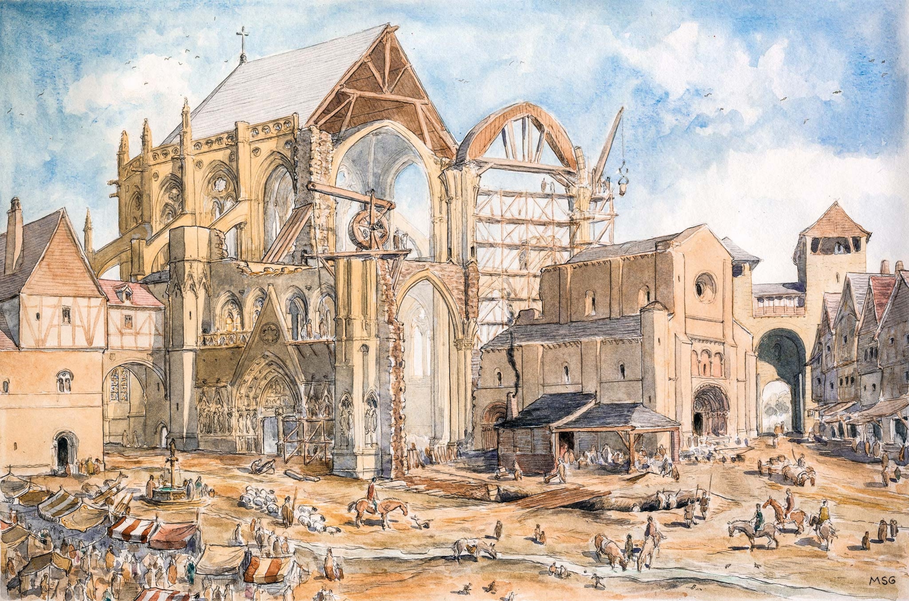 An illustration of a Gothic cathedral being built