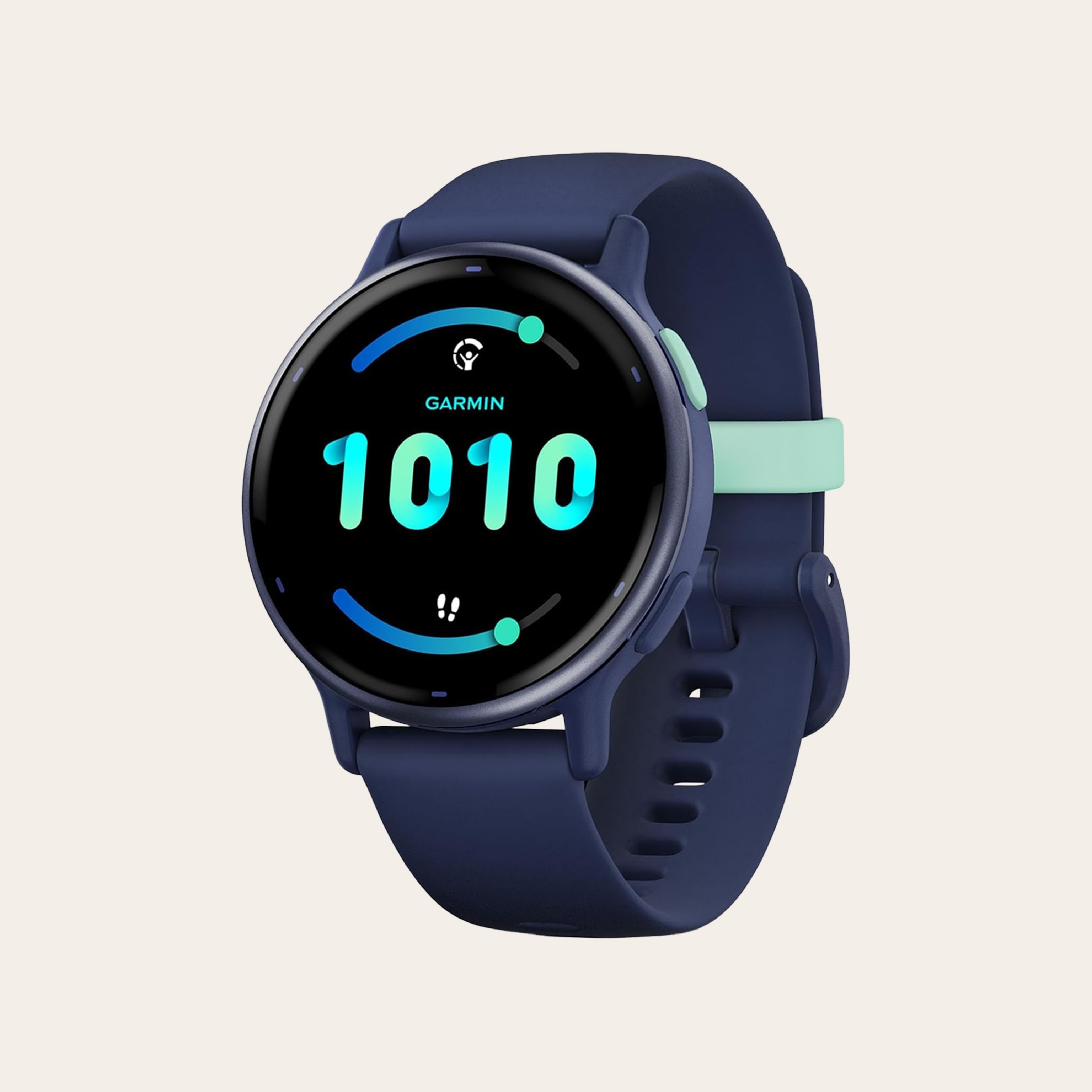 A blue smartwatch with a round face and silicone band against a tan background.
