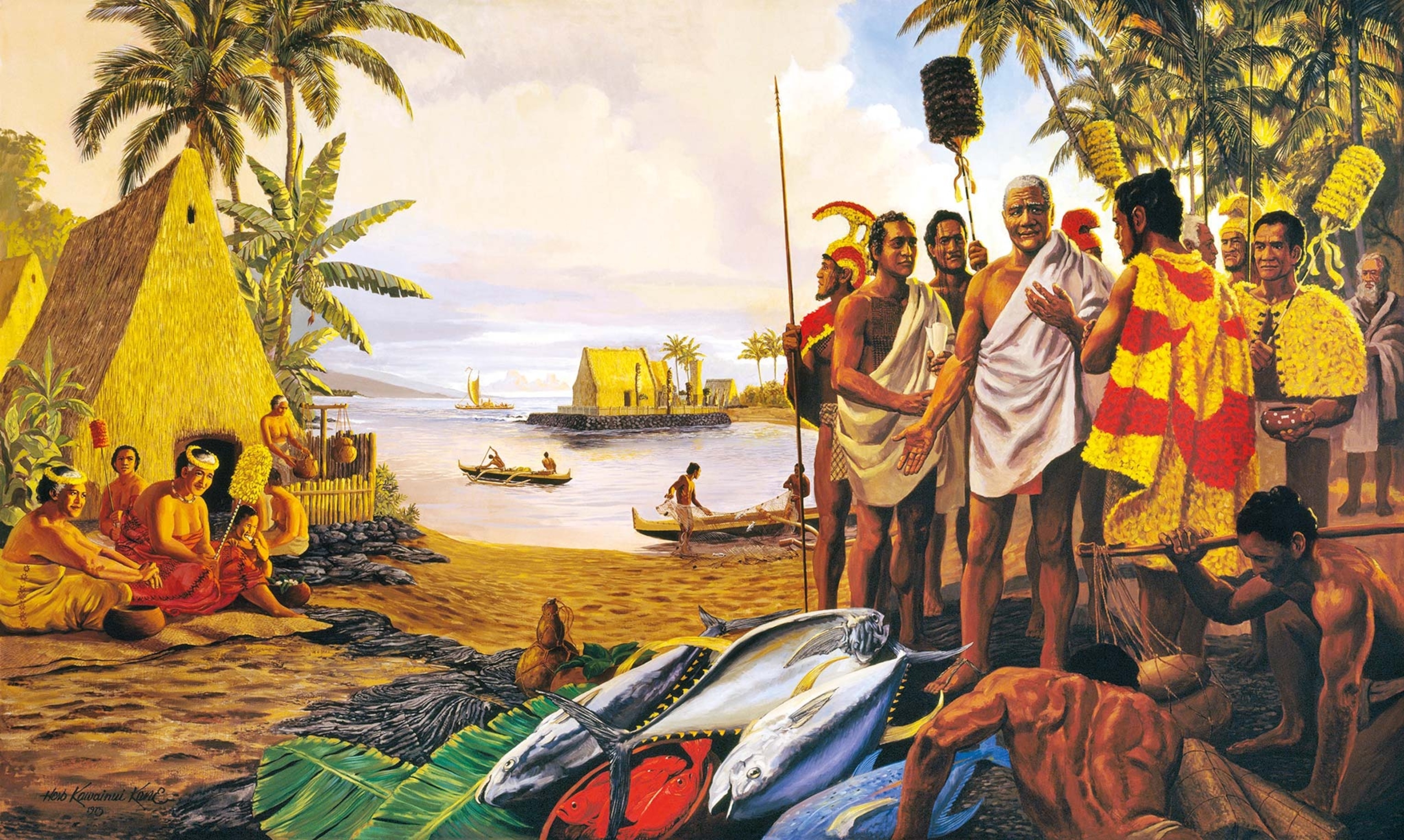 A painting of King Kamehameha and his allies at the royal residence by the water