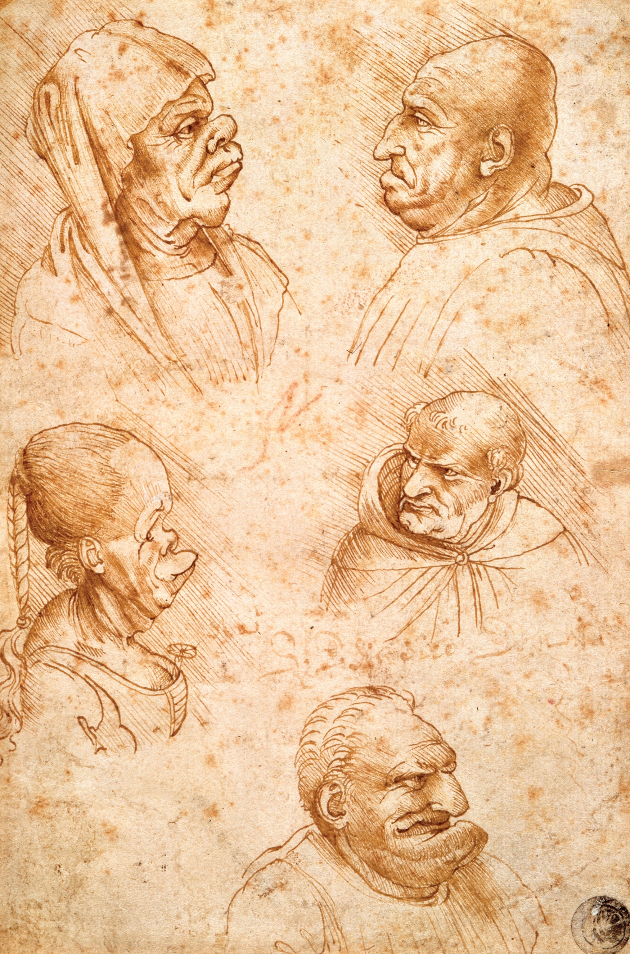 “Five Grotesque Heads” circa 1495 is pictured.
