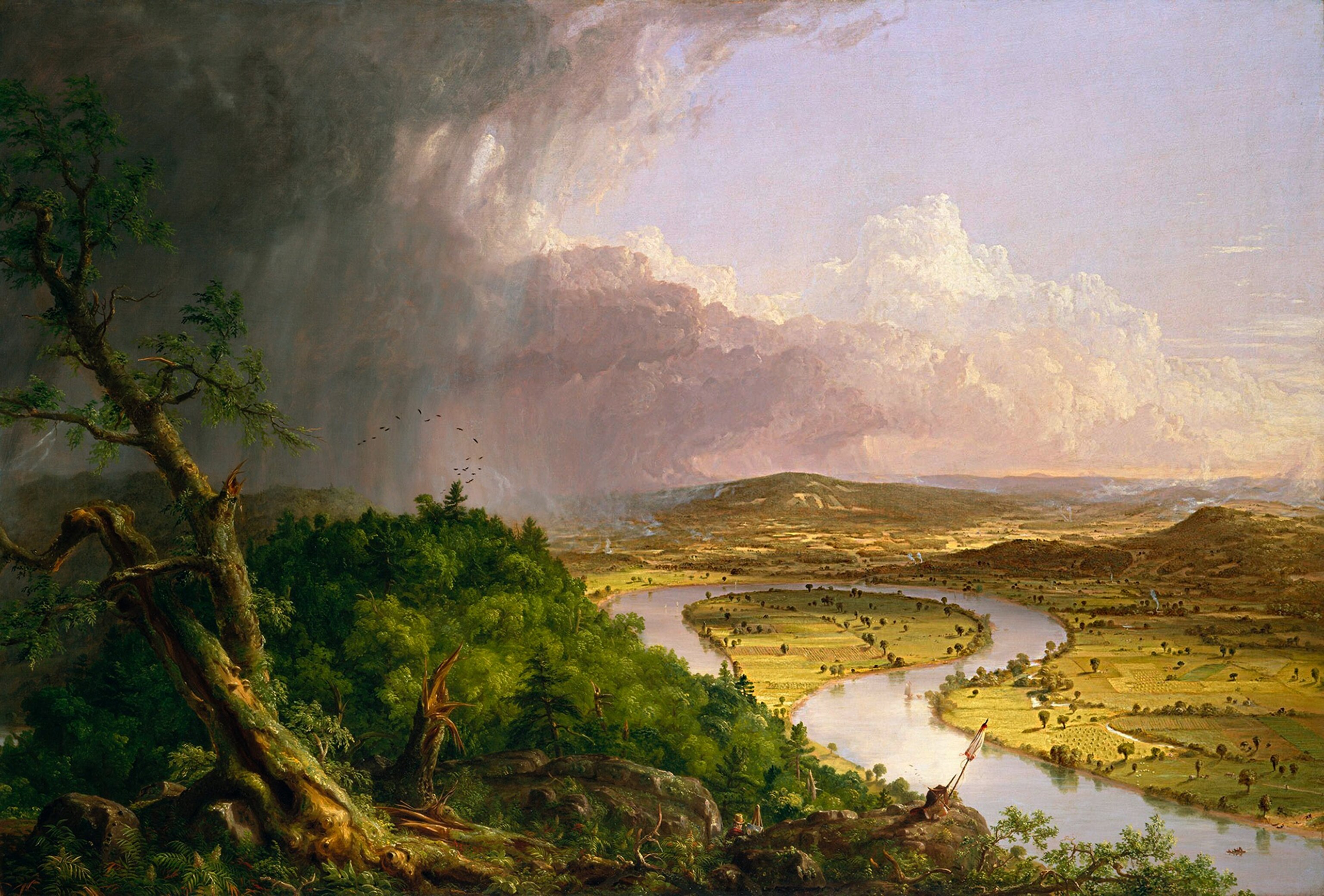 painting of river valley view from cliff.