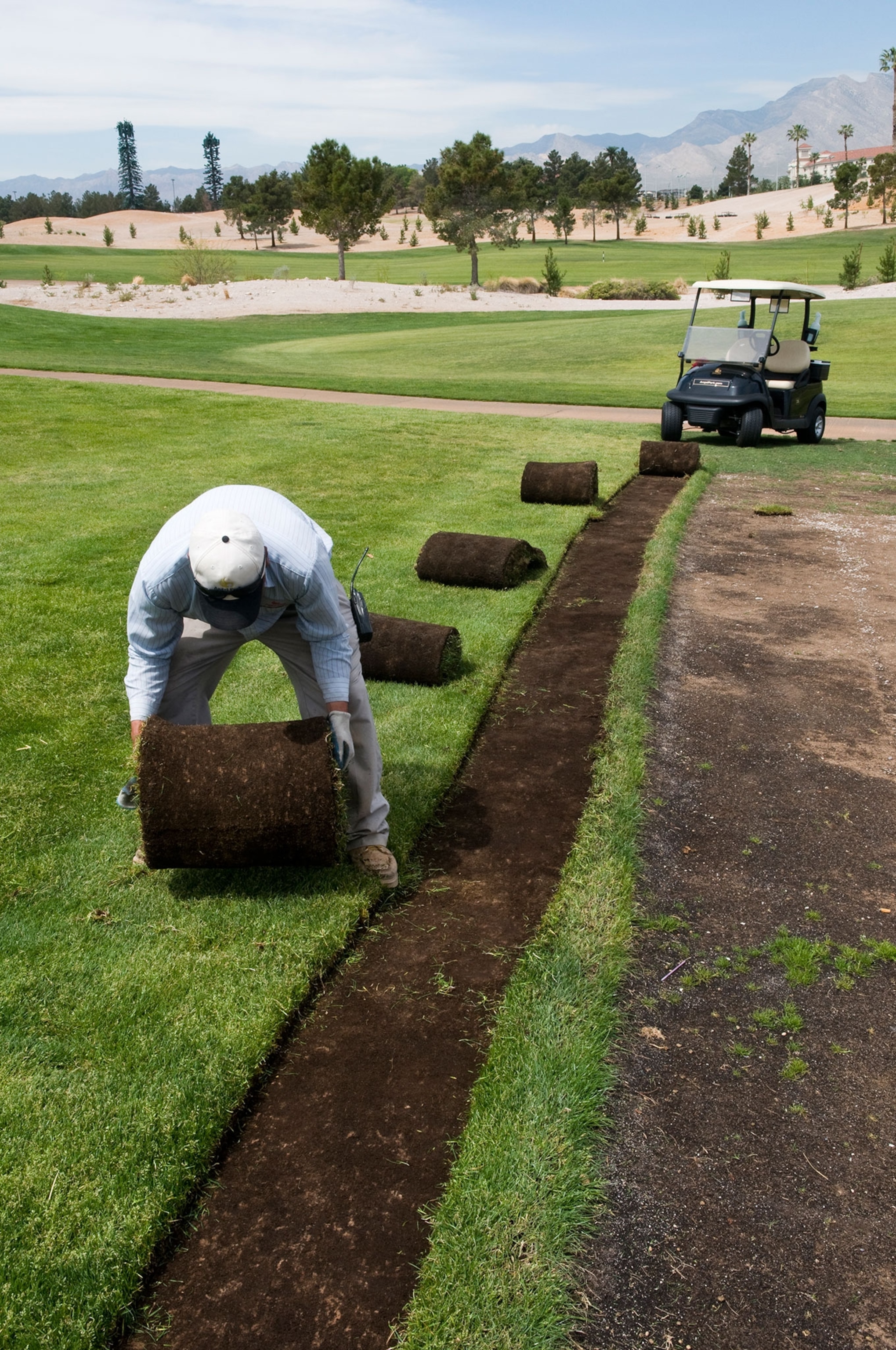 A worker from the Las Vegas water authority xeriscapes a golf course