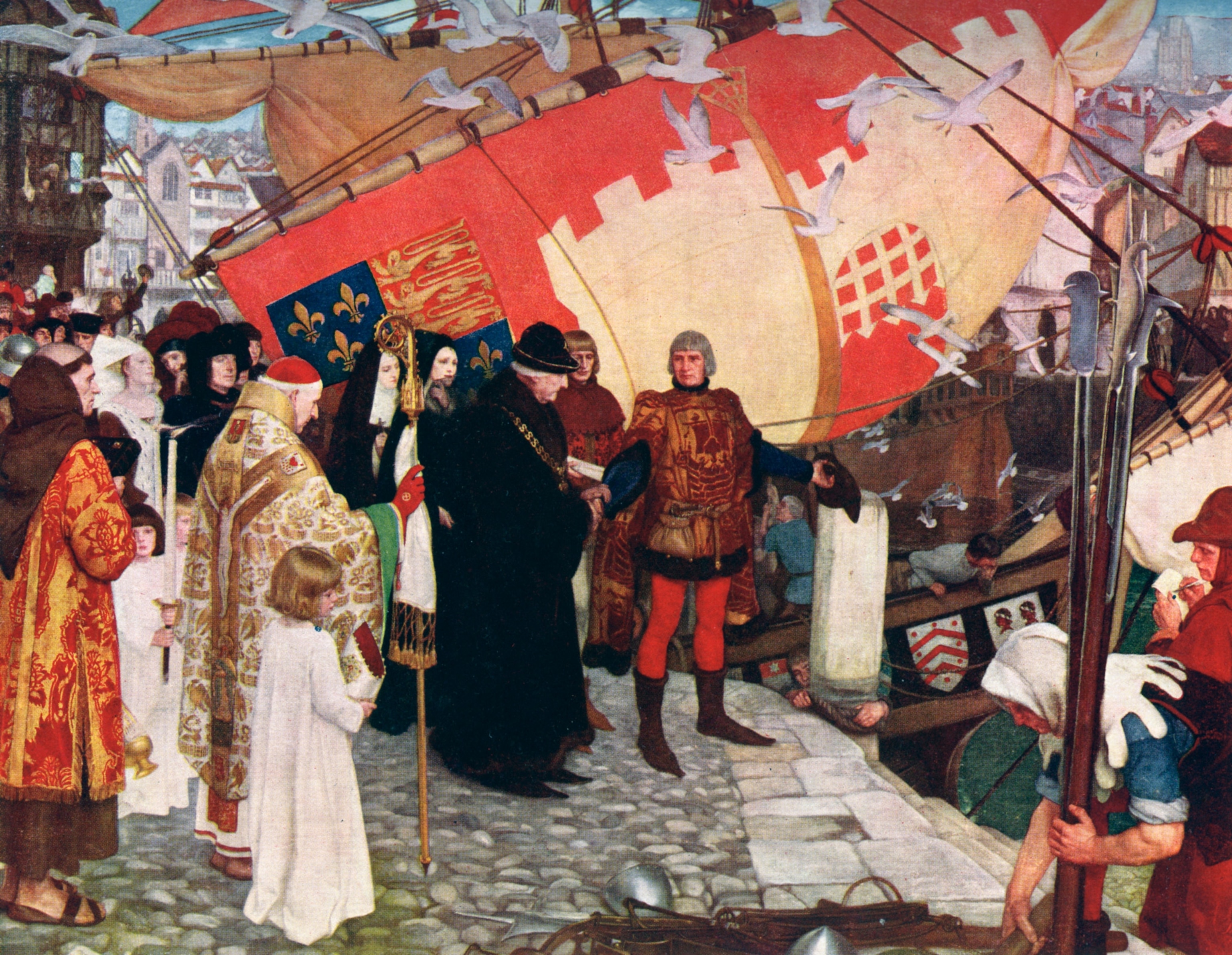 A 1906 illustration by Jessie Noakes shows the departure of Italian father and son navigators John and Sebastian Cabot.