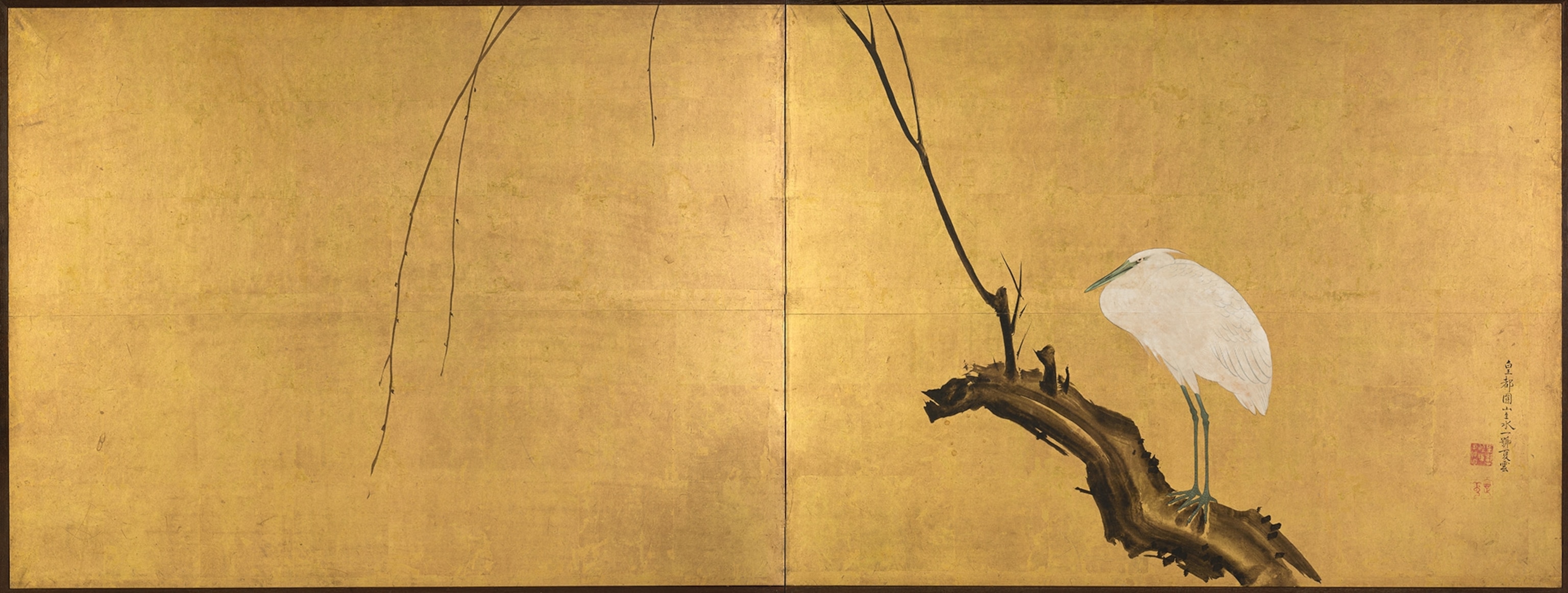 A silk painting of a white heron on a willow branch against gold.