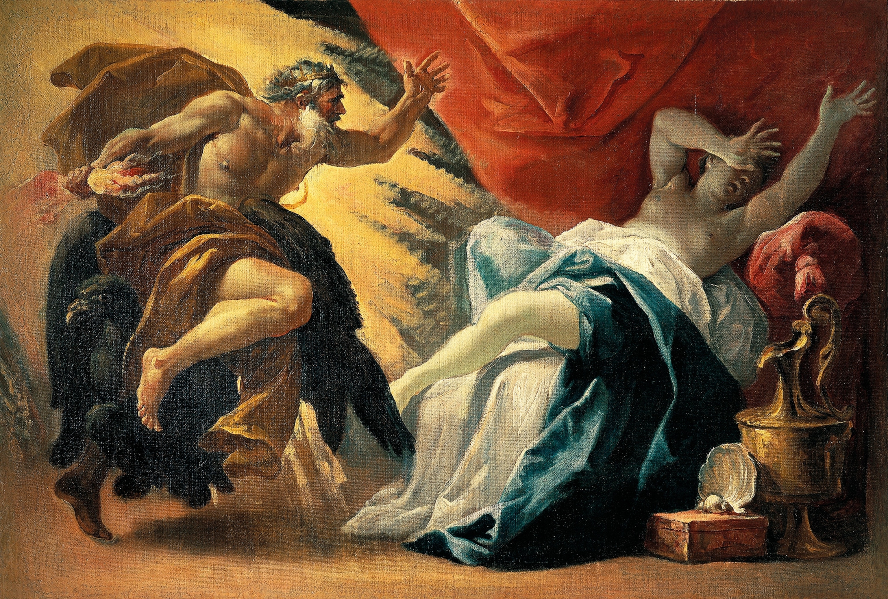 Pregnant with Dionysus, Semele perishes after demanding to see Zeus in all his glory in this 17th-century oil painting by Luca Ferrari.