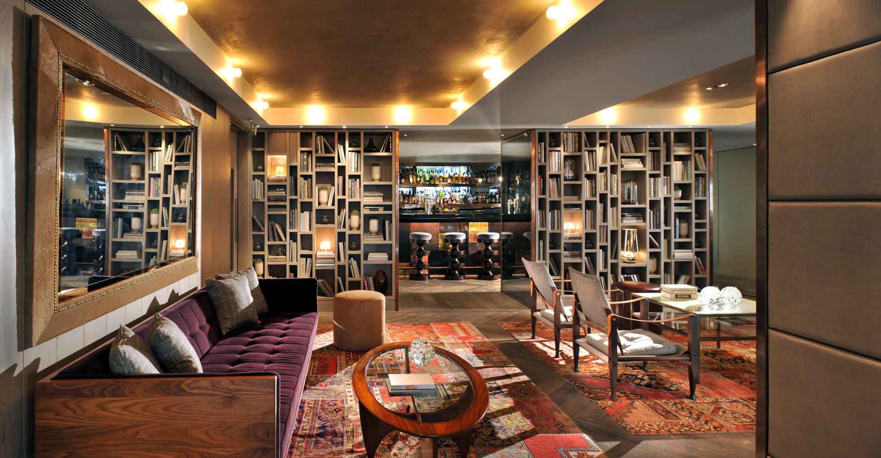 bar lounge with velvet couch