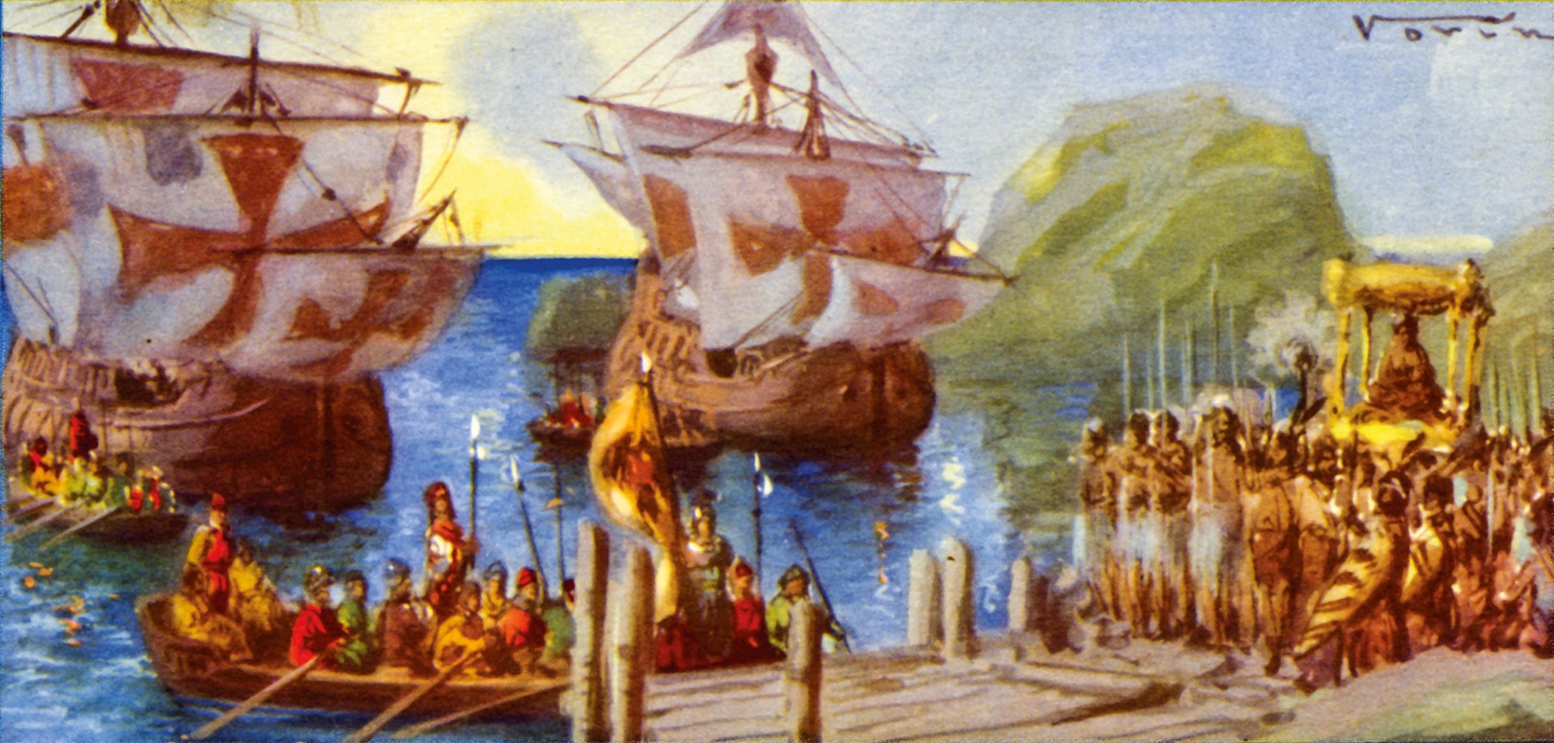 In this 1910 illustration, Elcano and his men are welcomed by the leader and people of Tidore in modern Indonesia.