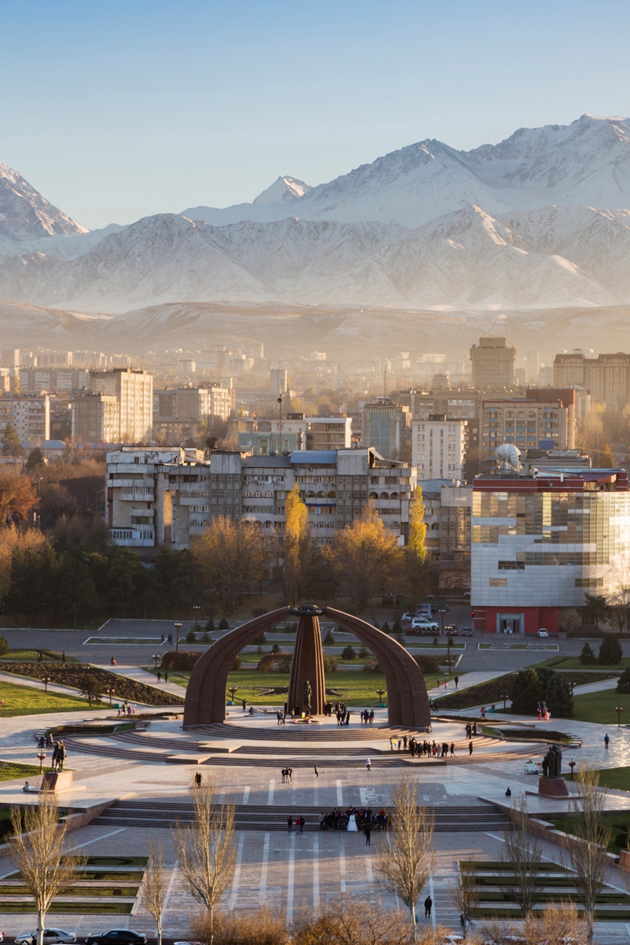 View of Victory Square in Bishkek and the Kyrgyz Range behind.