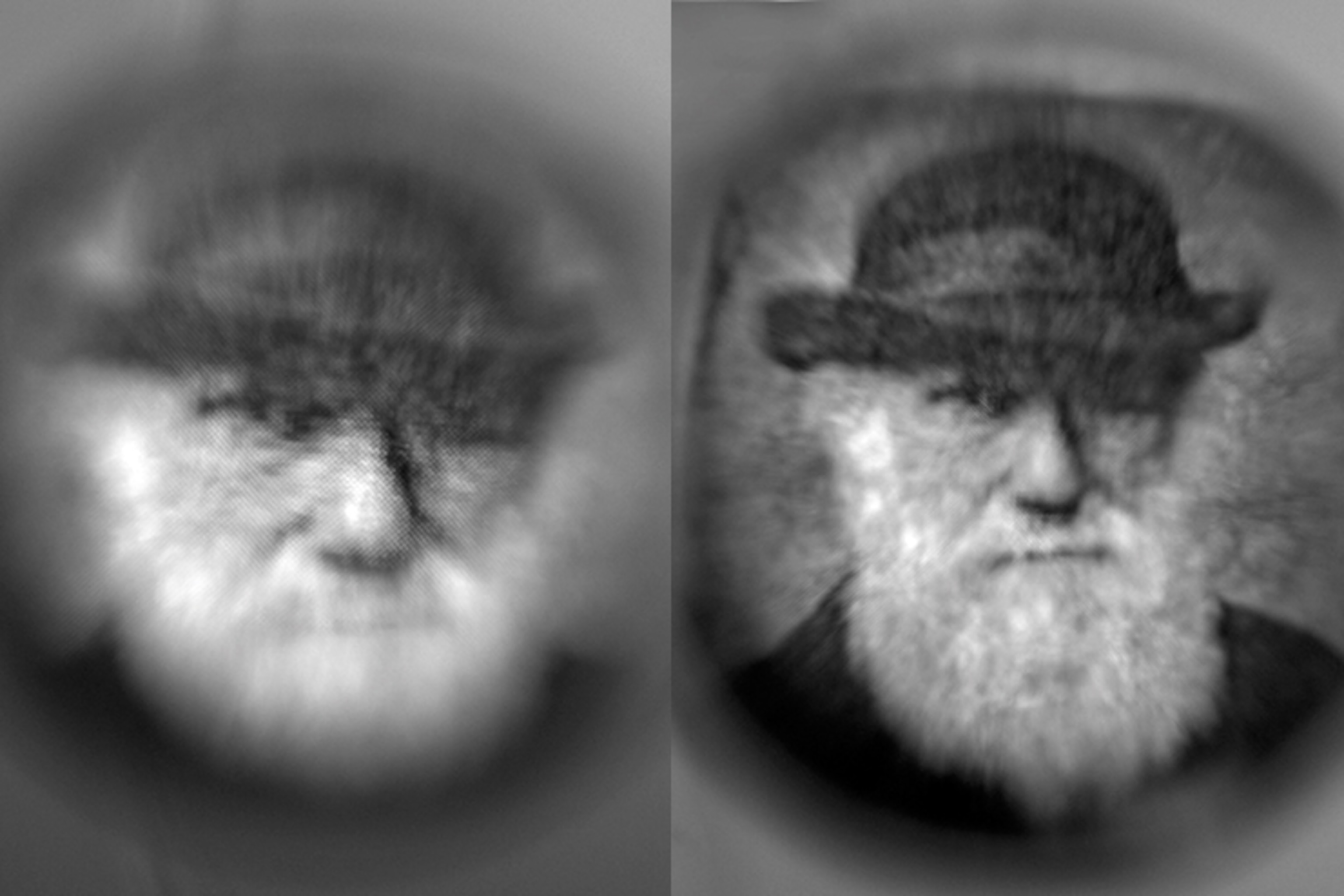 a view of Charles Darwin as he might appear to a squid with this correction (right) and without it.