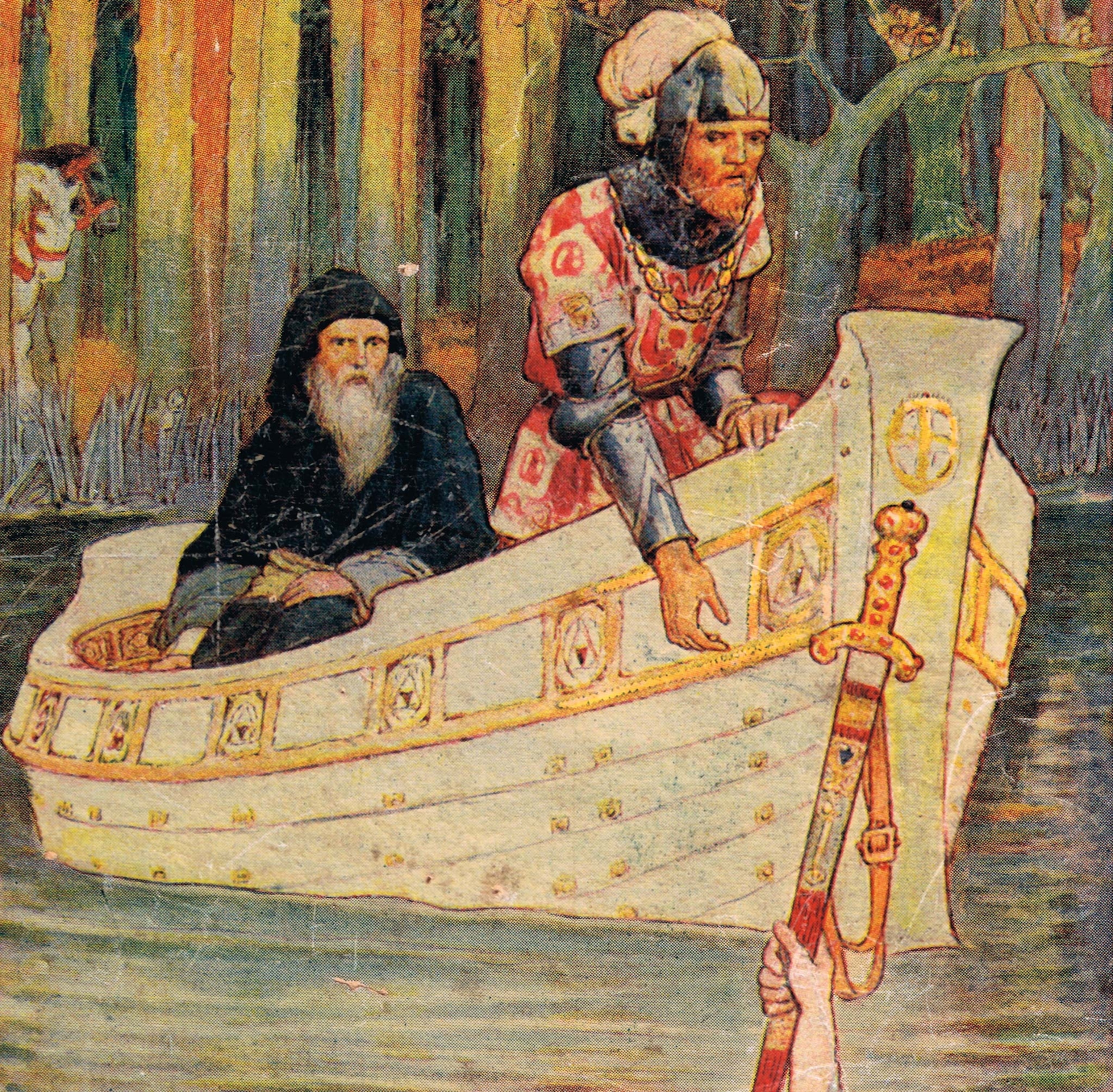 Arthur, in Merlin’s company, receives a new sword after Excalibur breaks in combat in an illustration from 1921.