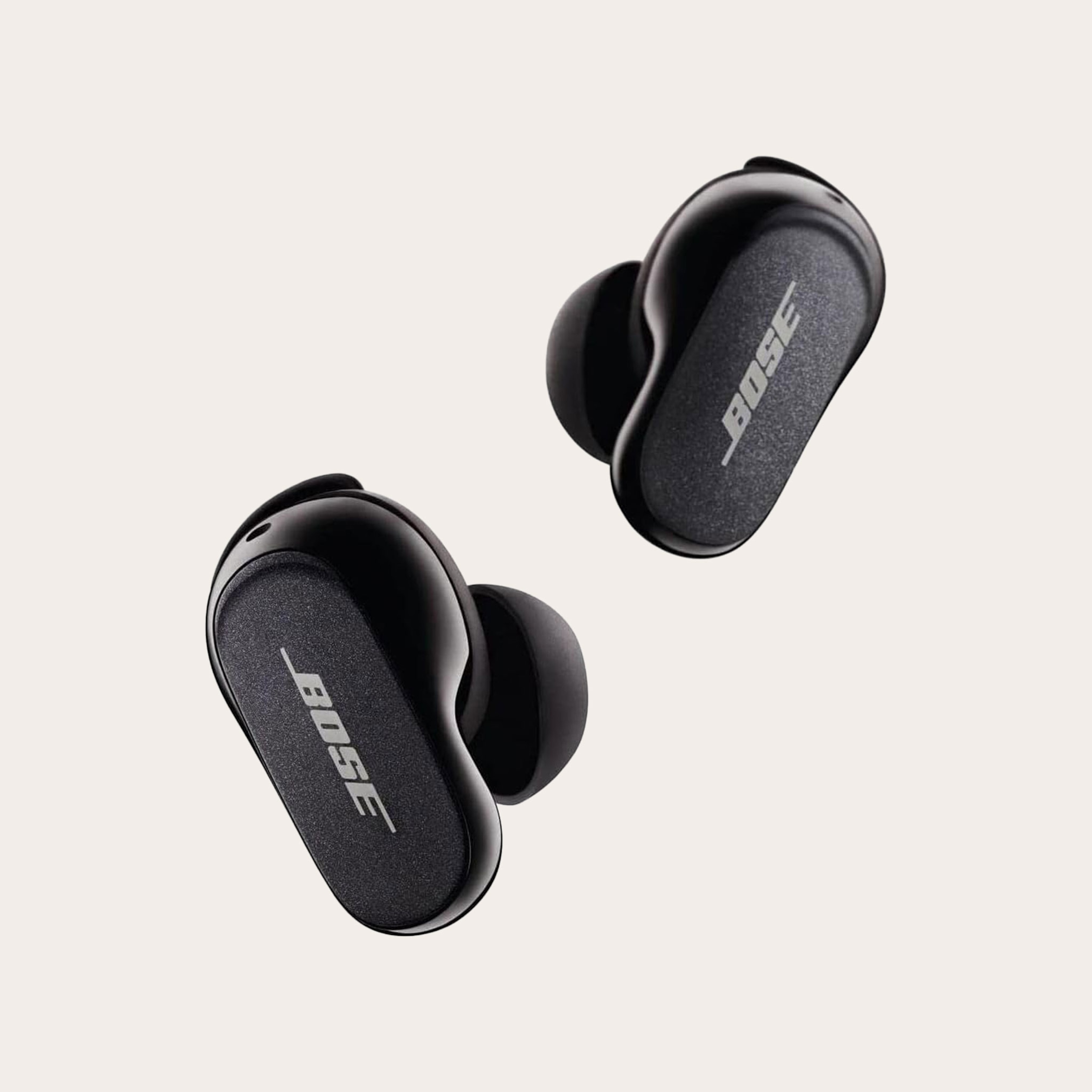 Two small black earbud headphones