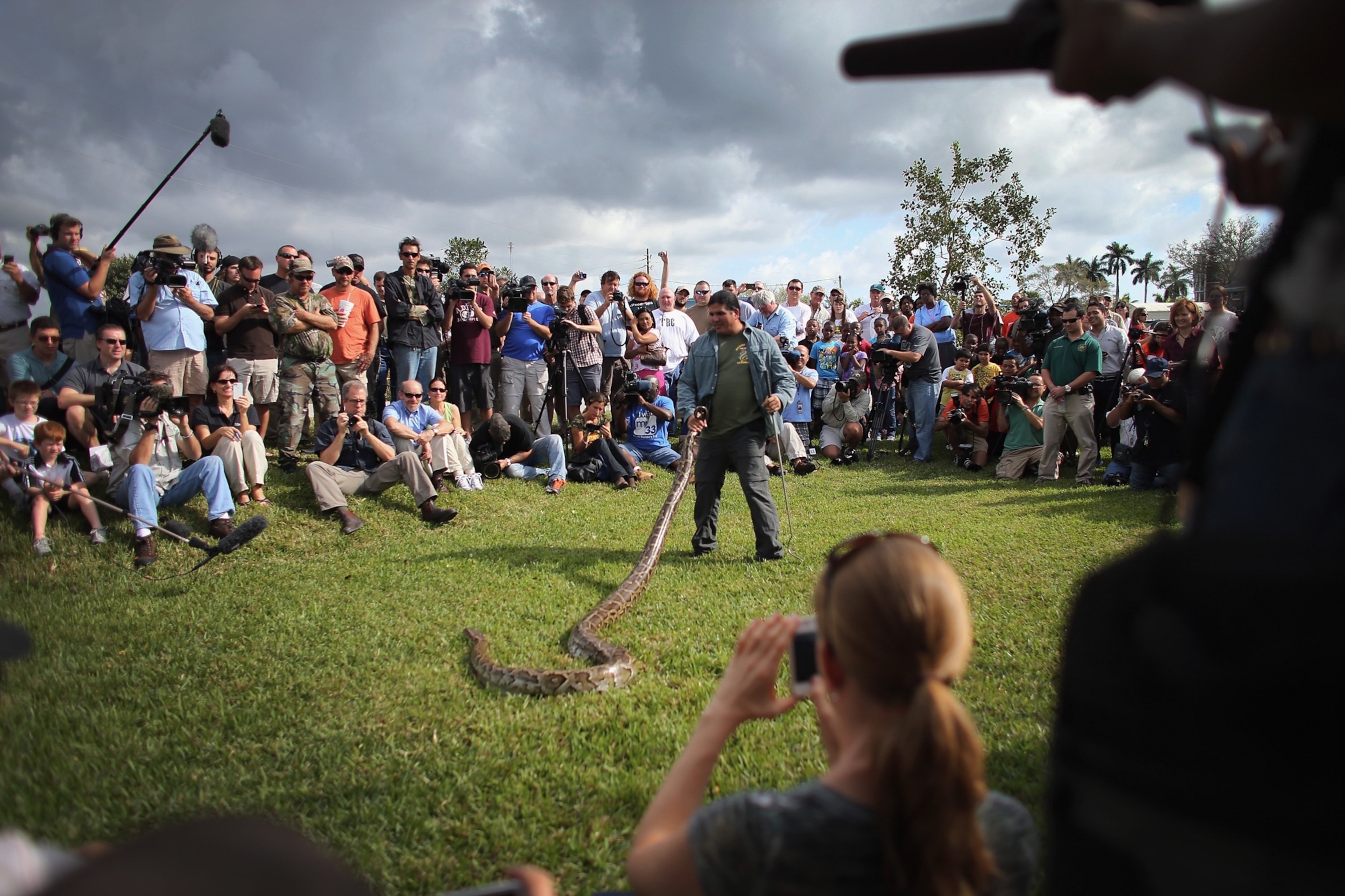 A crowd gathered around a man holding a long Burmese python by the tail