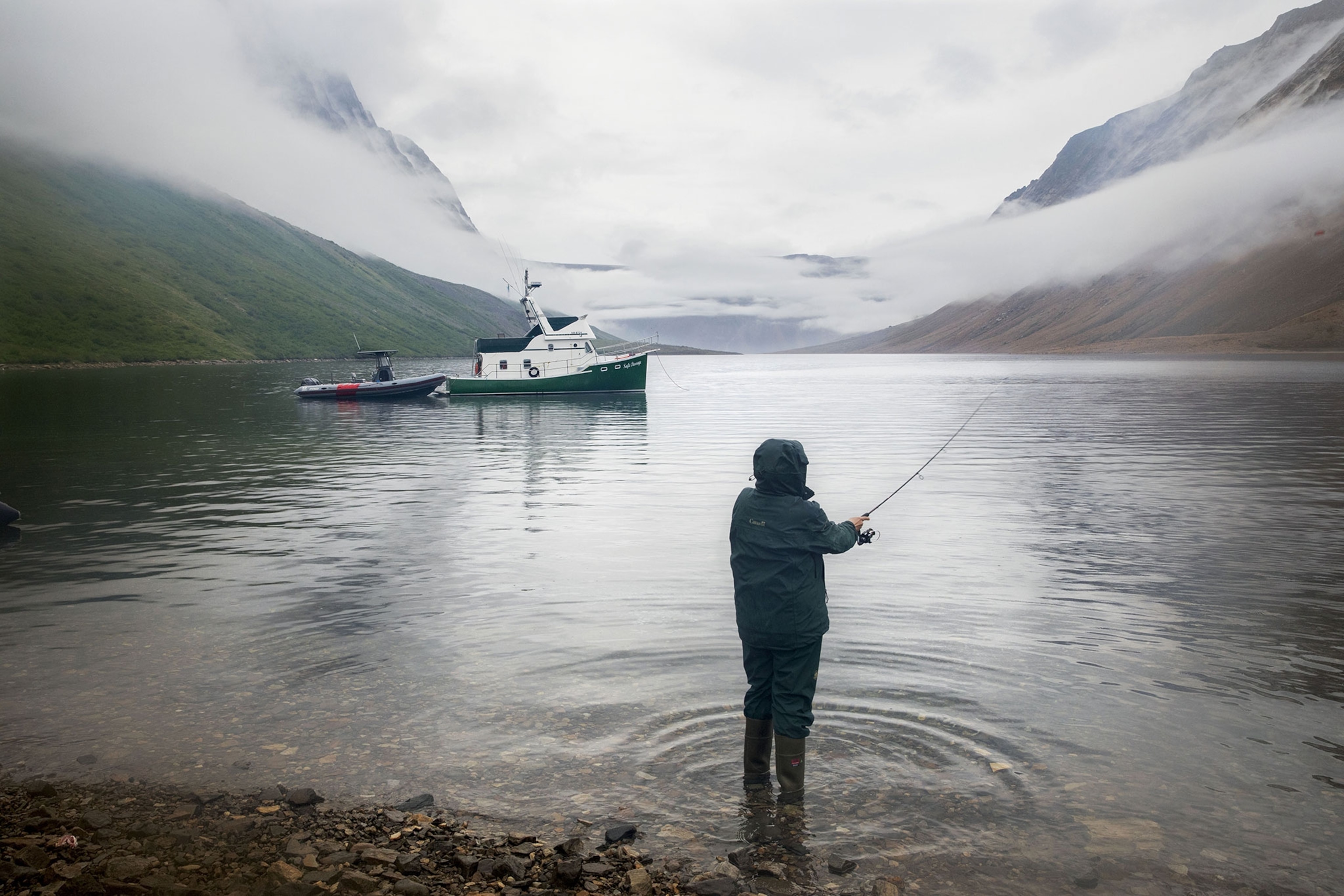 Visitors arrive at Saglek Fjord's North Arm by boat and can fish for Arctic char. This site has been used for thousands of years as a summertime camping ground for the Inuit.