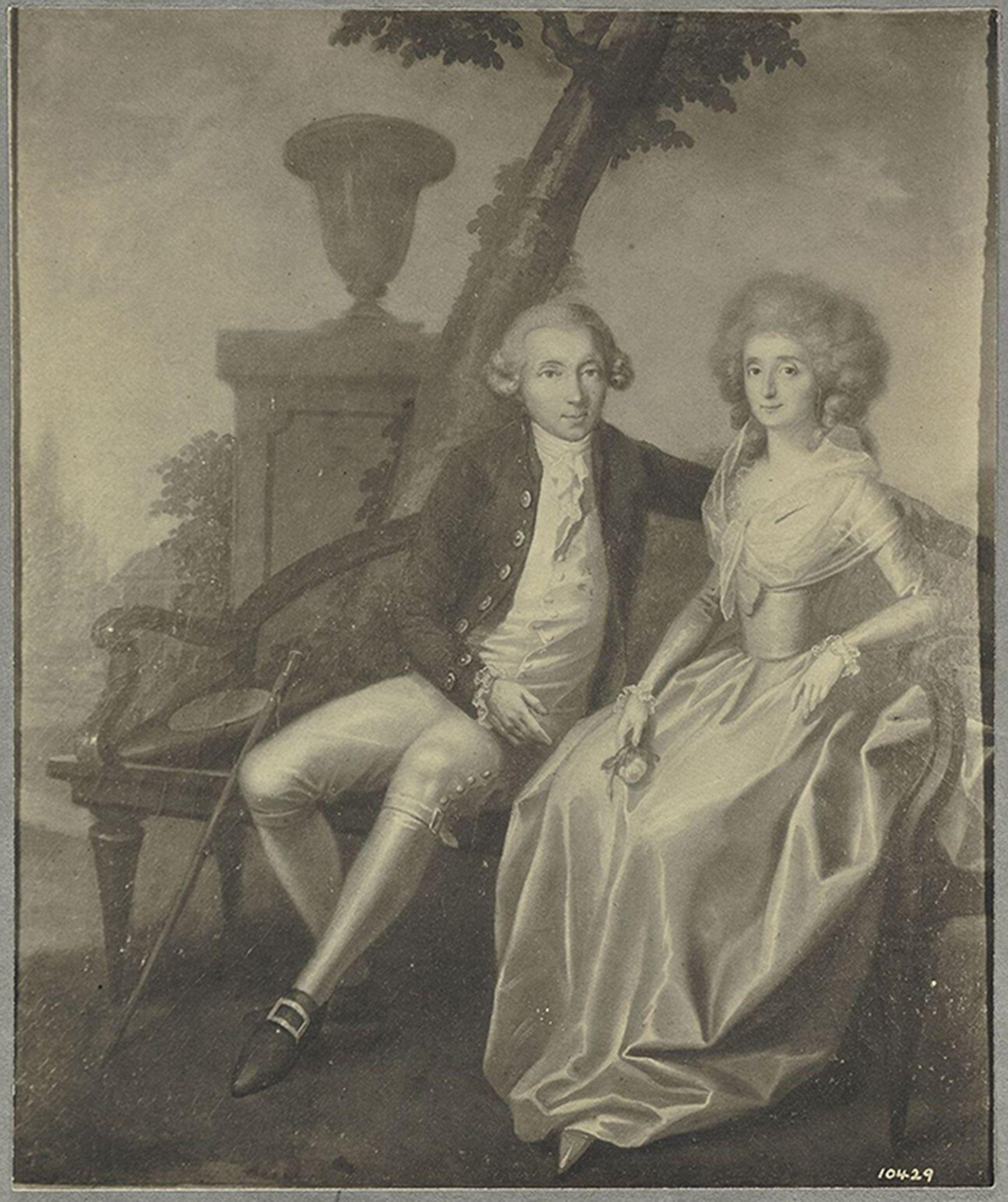 A black and white painting shows a woman and a man sitting on a bench next to one another.