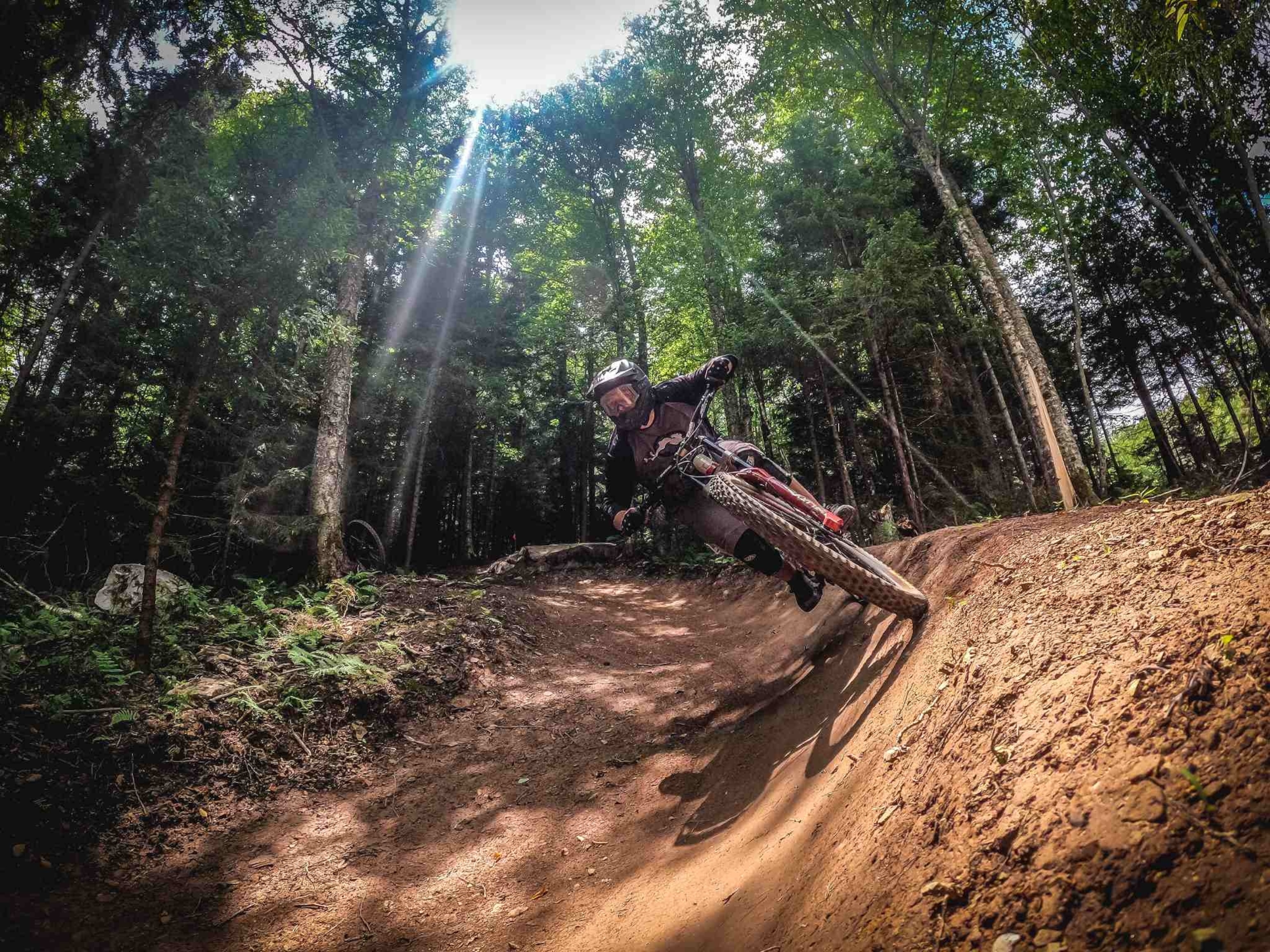 A biker whips past a man-made smooth curve of a trail surrounded by woods