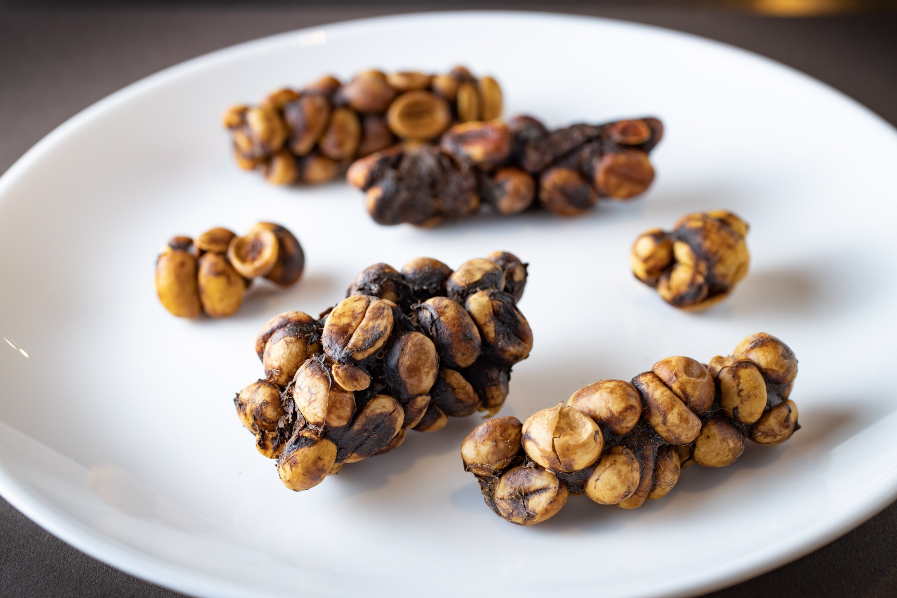 Partially digested coffee beans from civets, which are clumped together and resemble nutty candy bars.