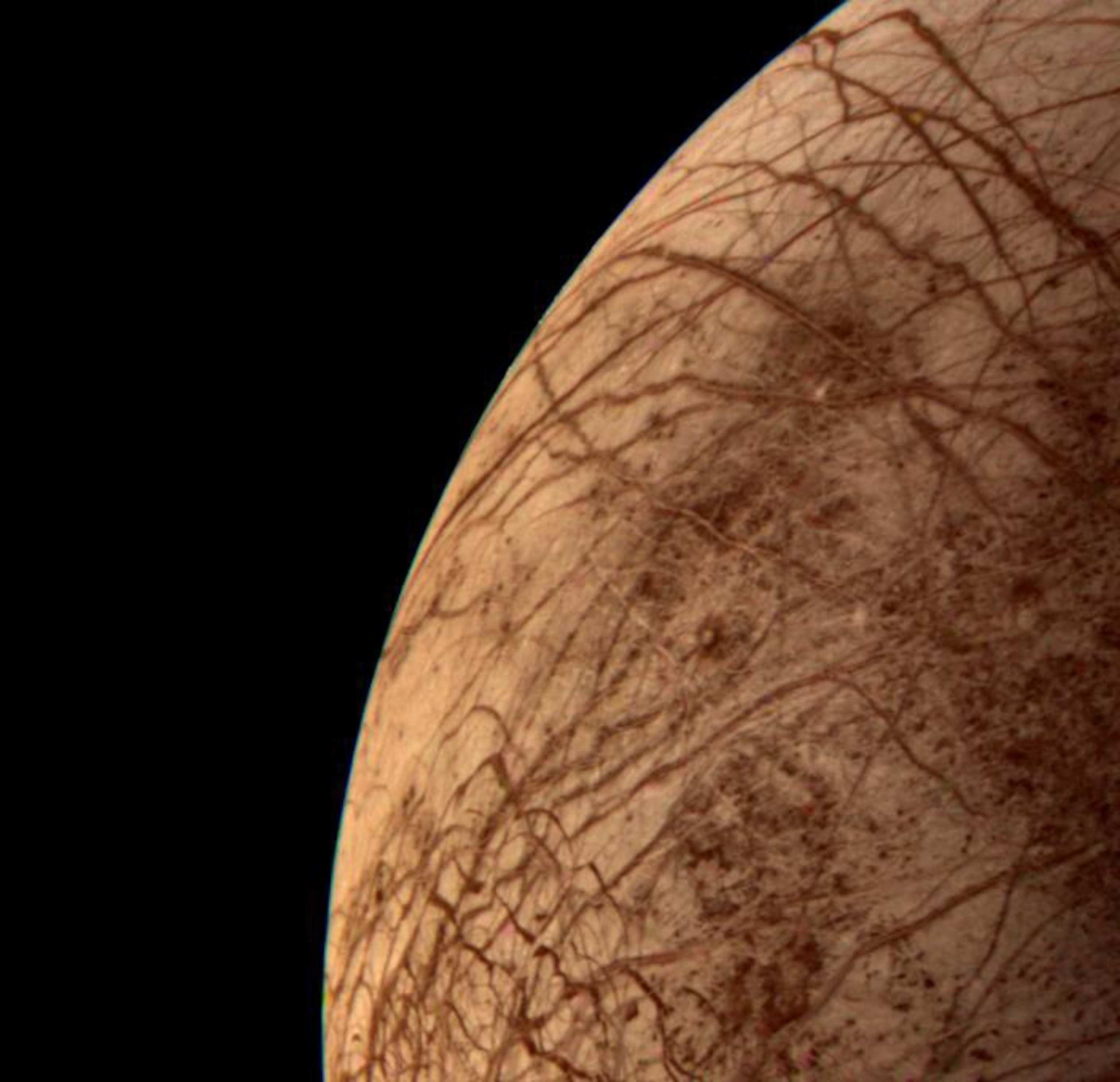 A slightly blurry view of part of Europa, which reveals a streaky surface, as though covered with dry river beds, without any obvious mountains or craters.