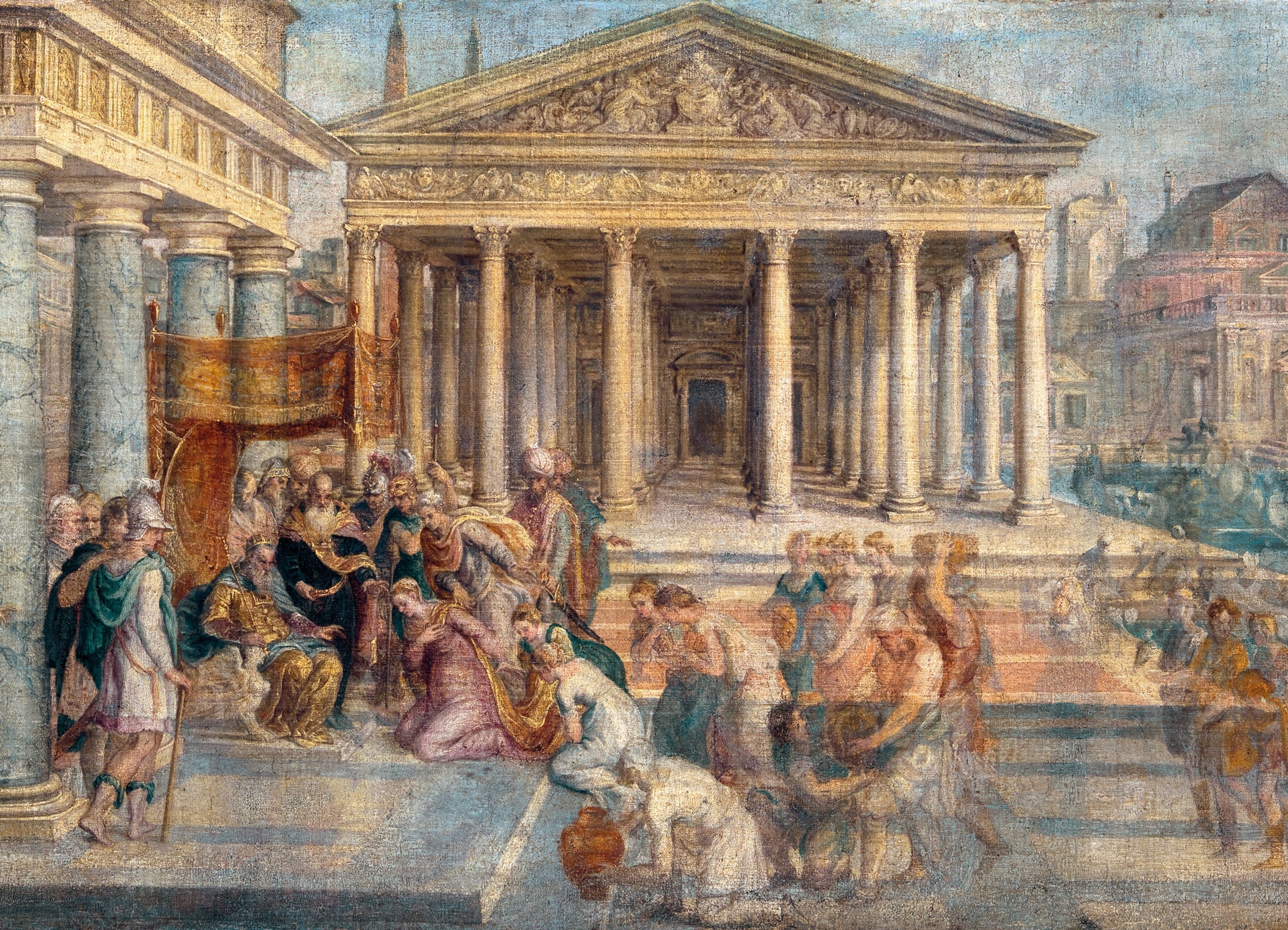 A painting of Solomon and Sheba meeting in front of a large columned temple