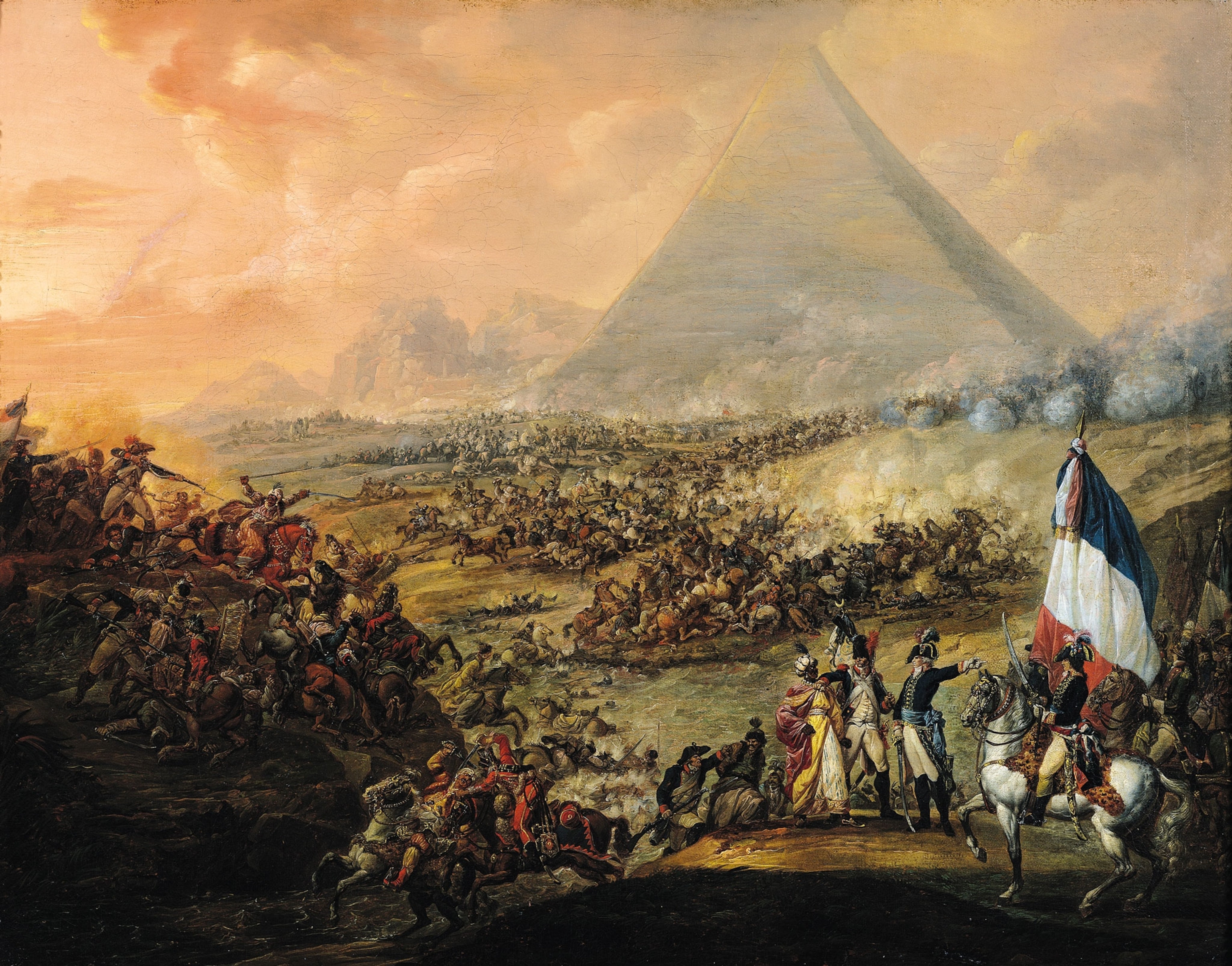 A painting of a battle in front of the pyramids