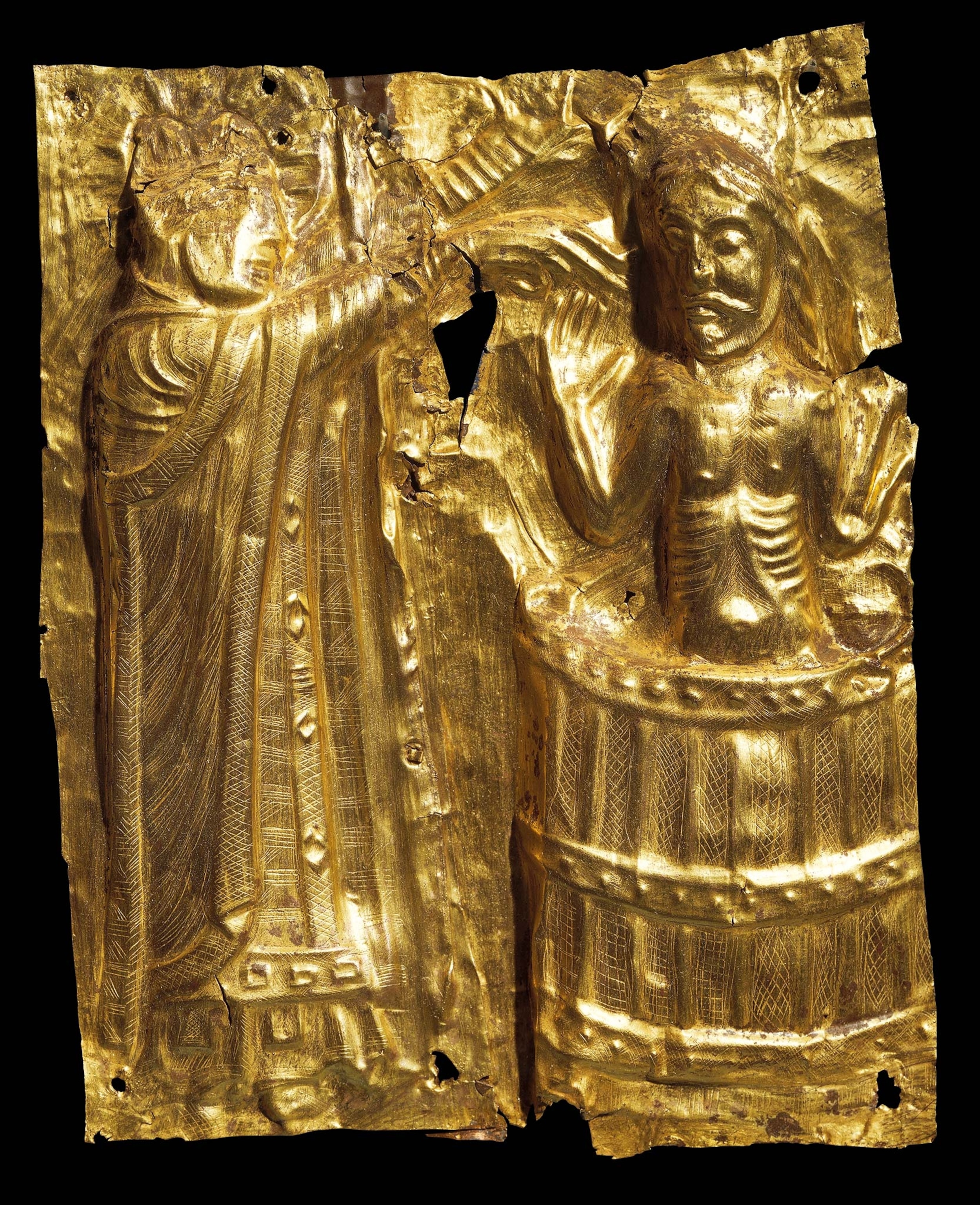 This gilt copper relief shows the priest Poppo baptizing King Harald Bluetooth, as recounted by the medieval Saxon chronicler Widukind of Corvey.