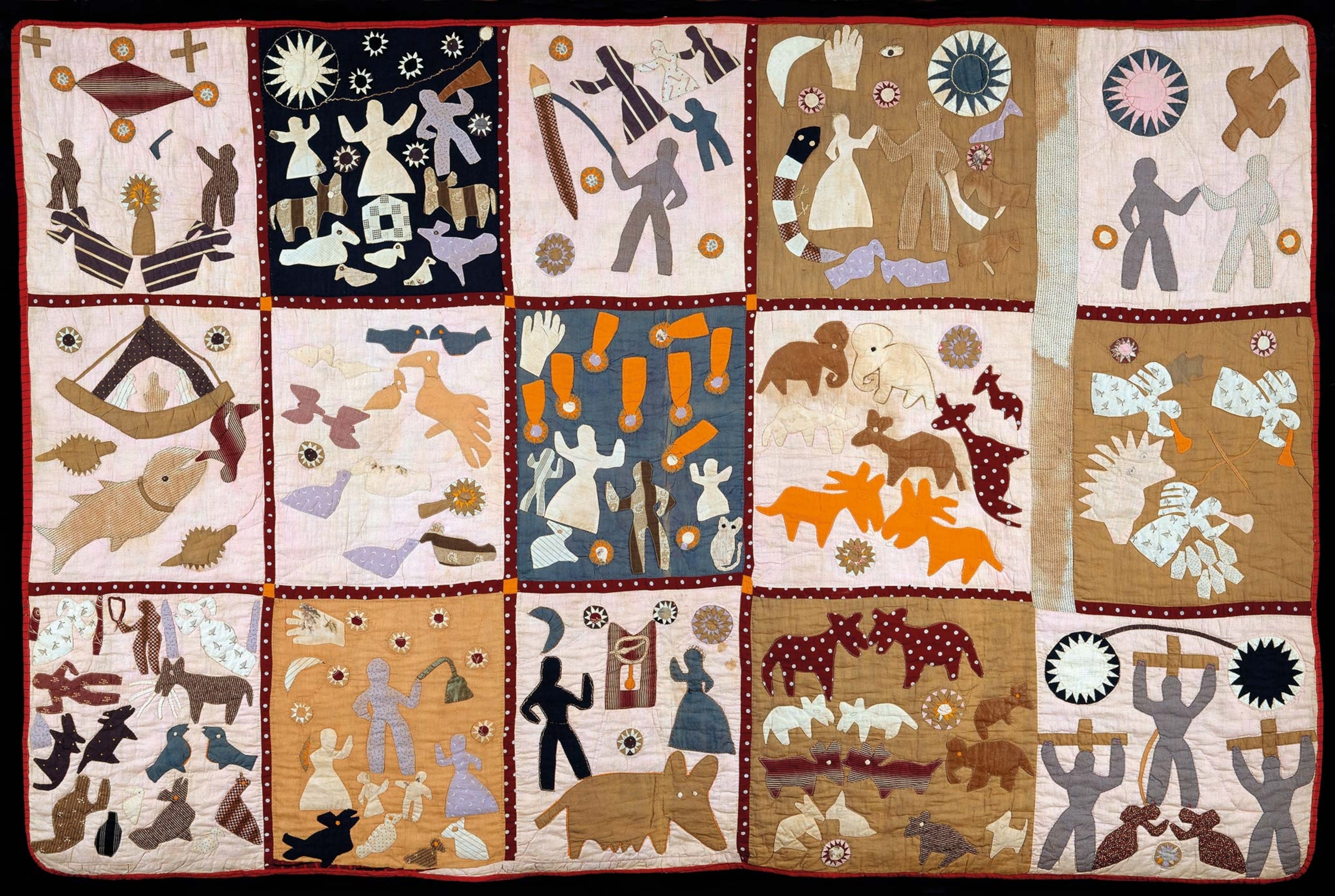 The Pictorial Quilt's 15 panels depict Bible stories alongside events from Powers's life and times.