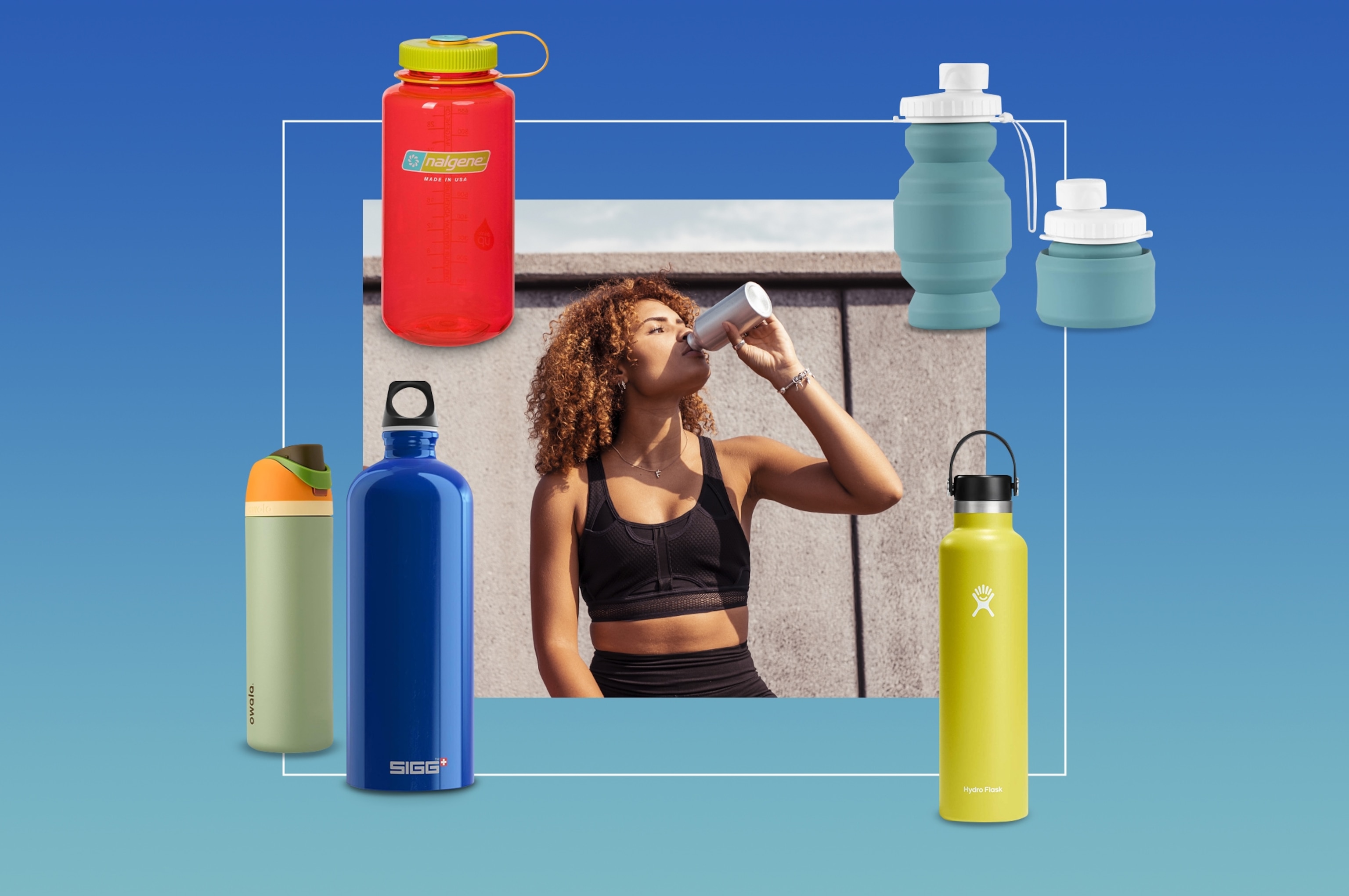 A female athlete drinking water from reusable bottle.