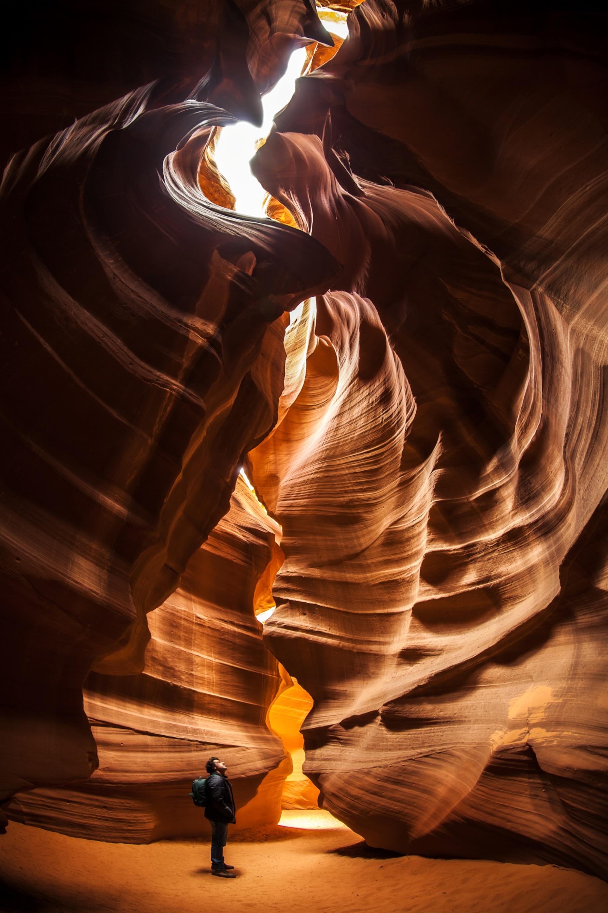 A hiker looks up at the towering wave-like textures of Antelope canyon.