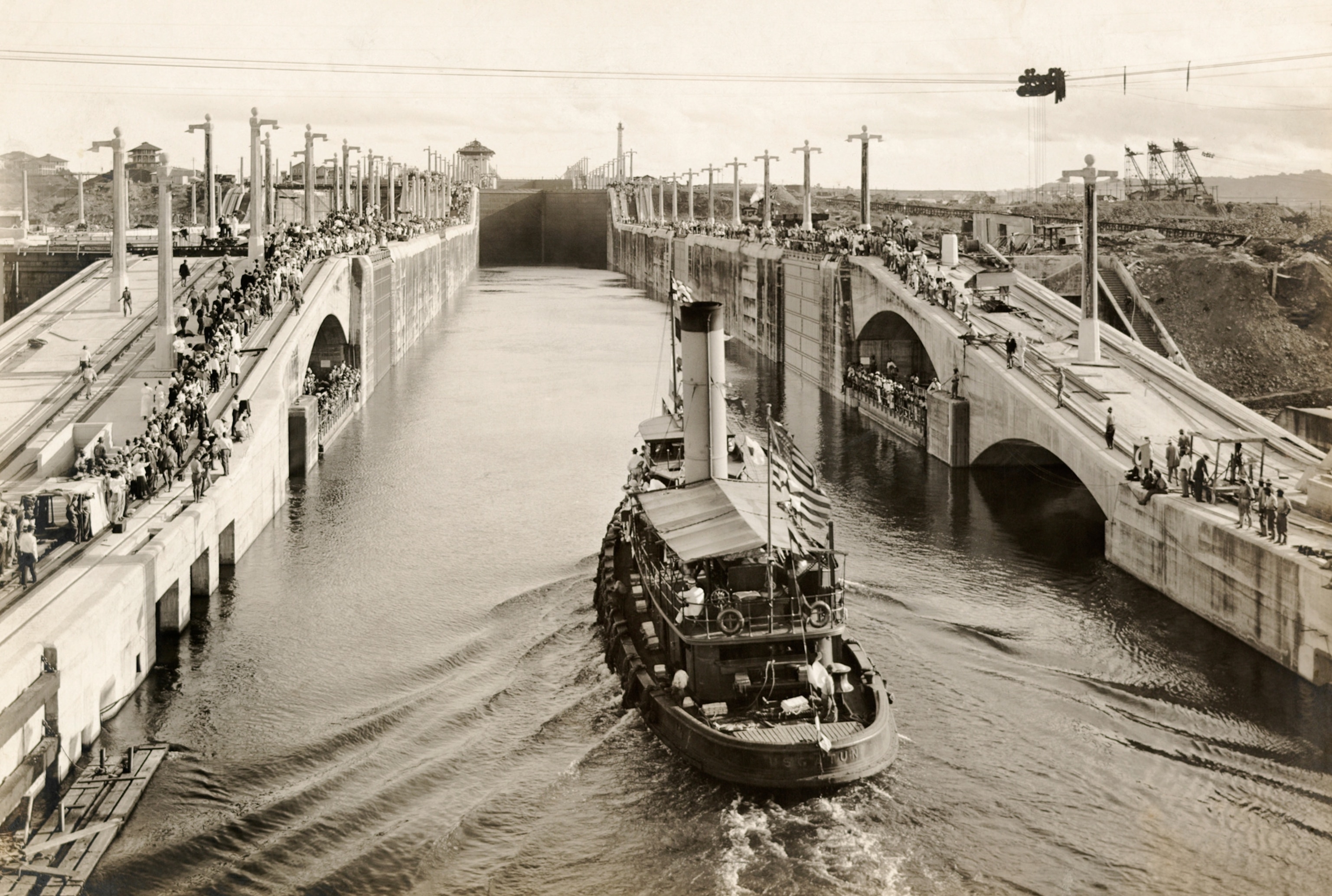 the first tugboat passing through Gatun Locks on September 26, 1913.