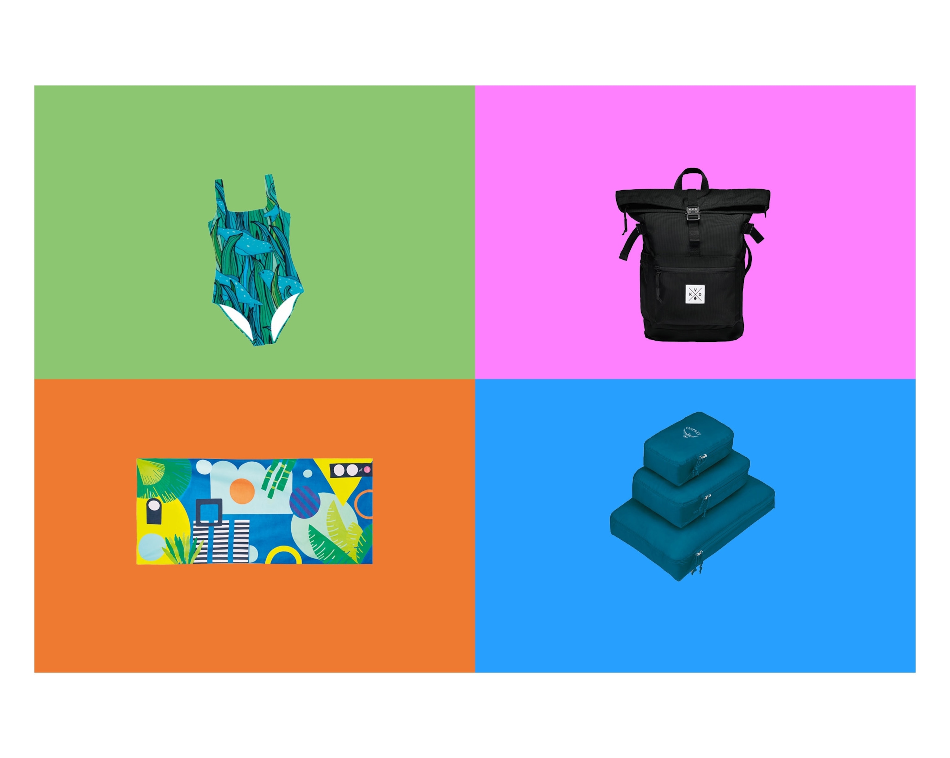 Bathing suit, backpack, travel cases, towel