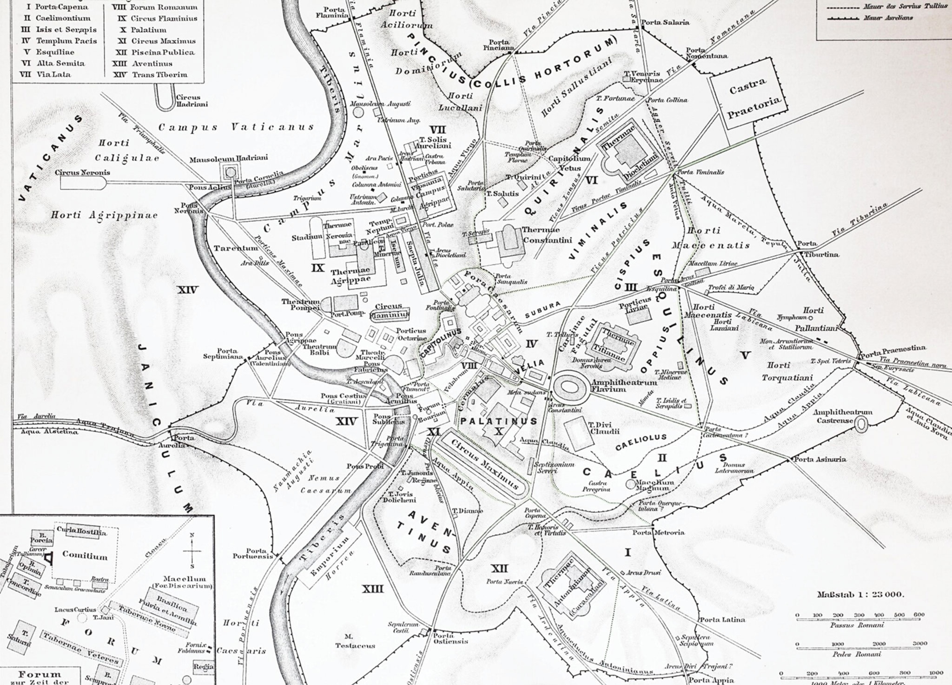 An illustrated map of ancient Rome and the Vatican Hill on the outskirts