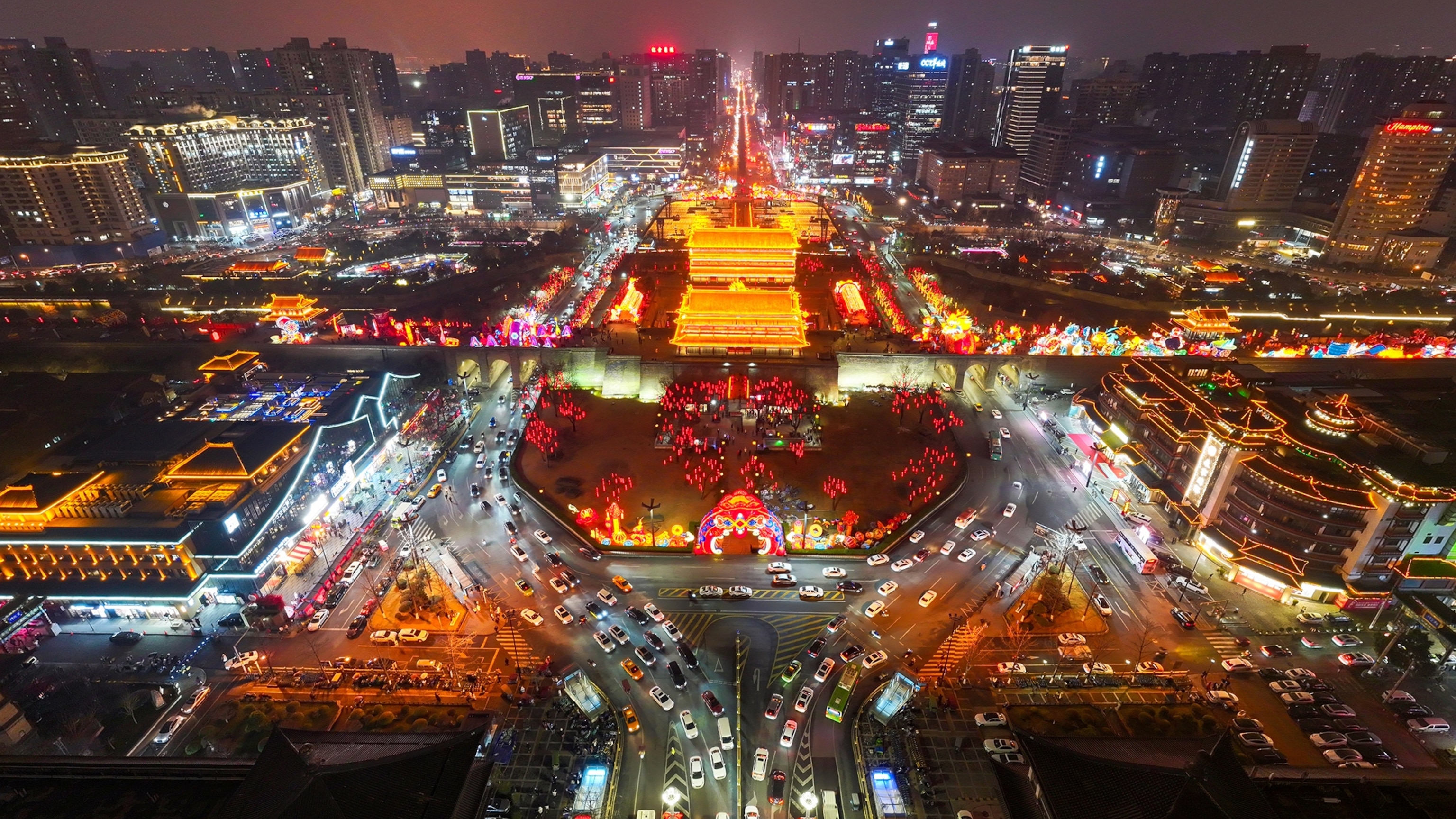 Lanterns and light installations illuminating the City Walls during a rehearsal of the Spring Festival Light Show on in Xi'an, Shaanxi Province of China.