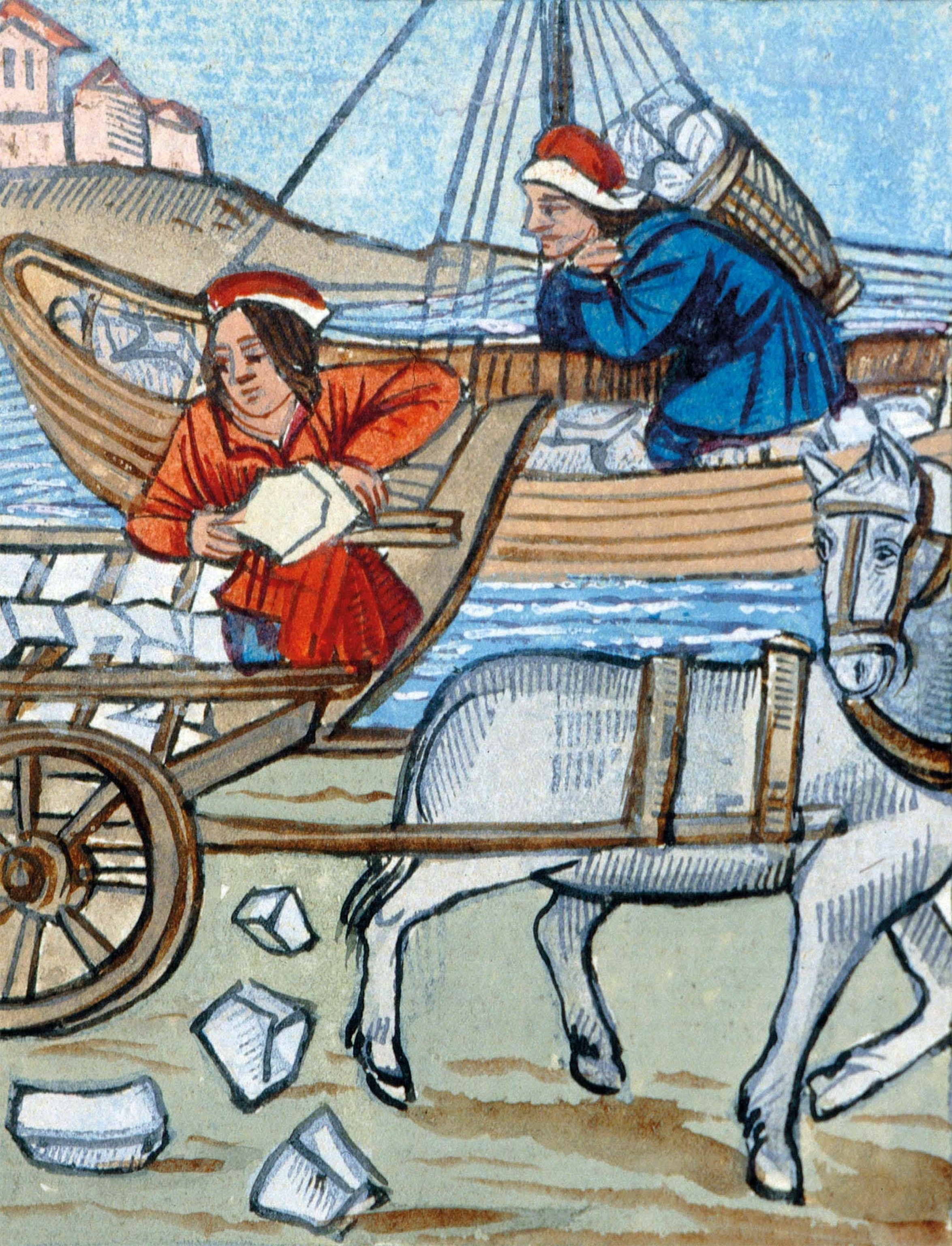 Workers load a cart with stone that was transported to Paris via the river in a 15th-century miniature from the Ordinances of the Provost of Merchants of Paris.