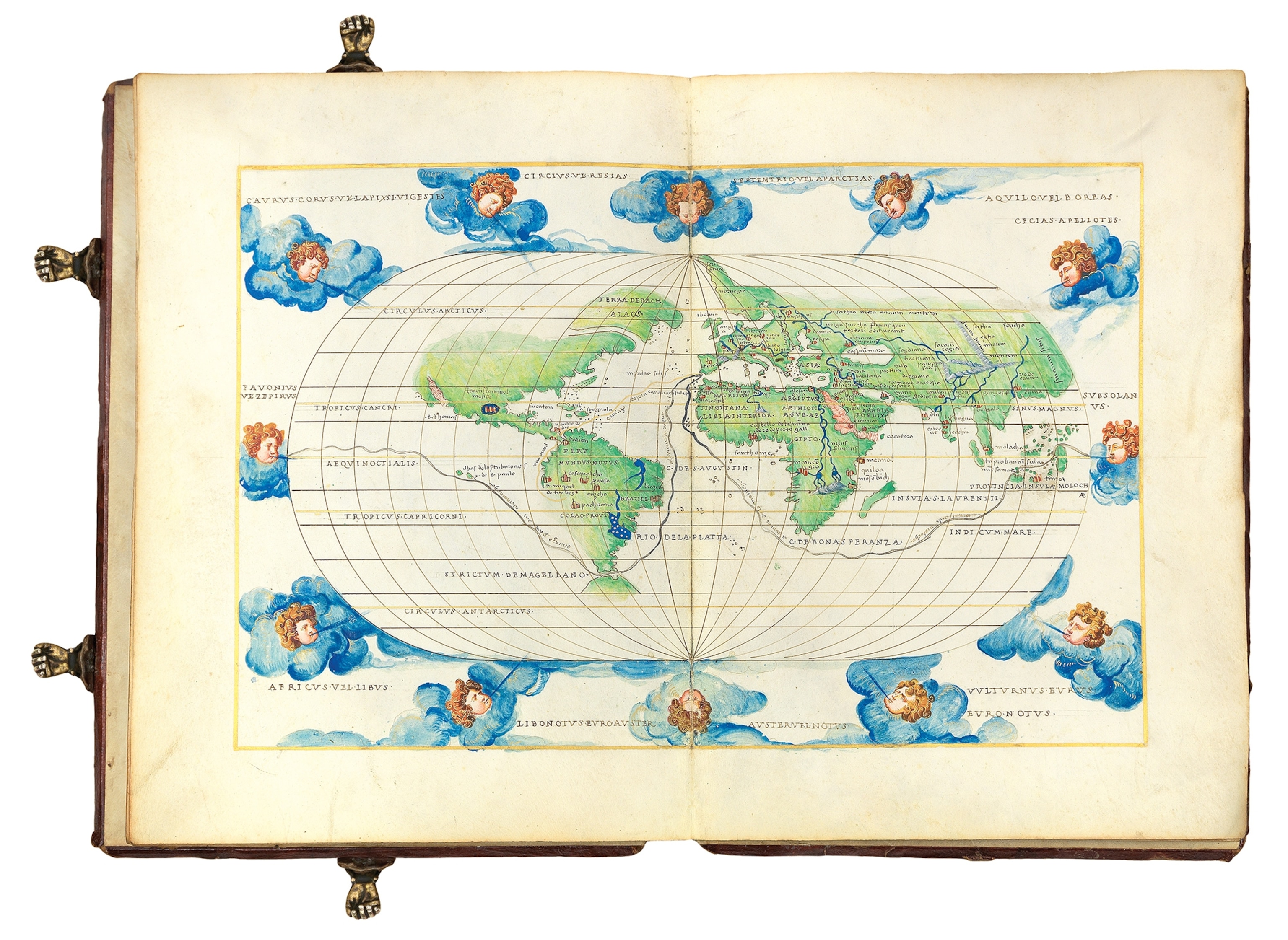 A world map with windheads.