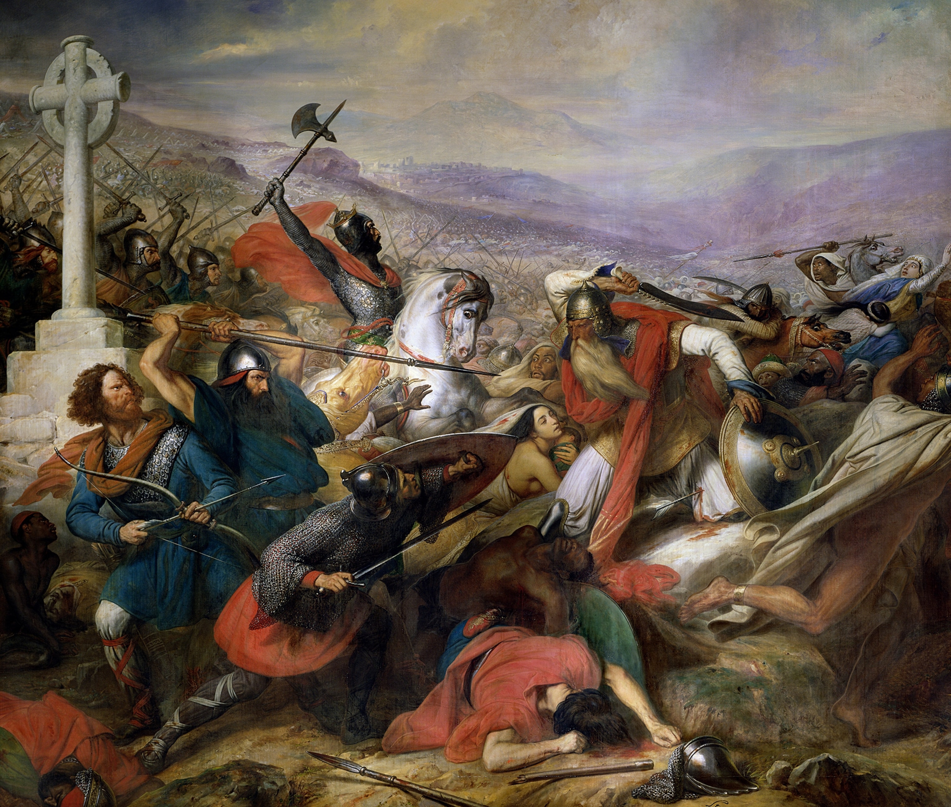 Chaos ensues on in painting as horses trample soldiers swing axes and swords and bodies lay in the wake.