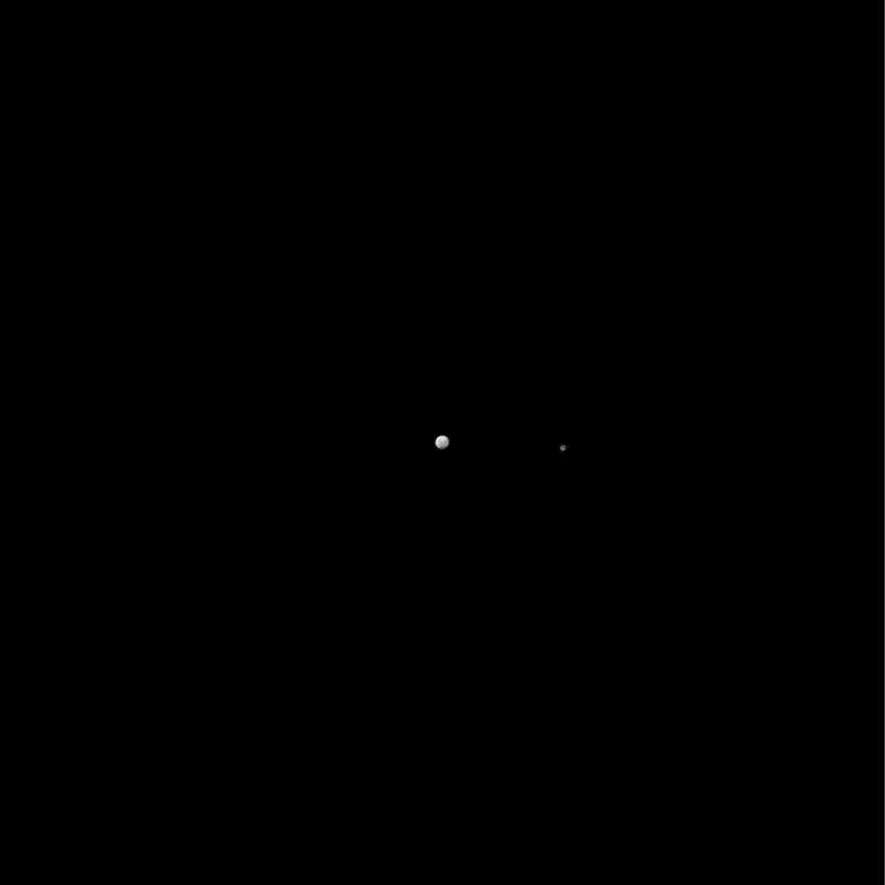 Illustrated picture of Pluto and Charon as the spacecraft closes in