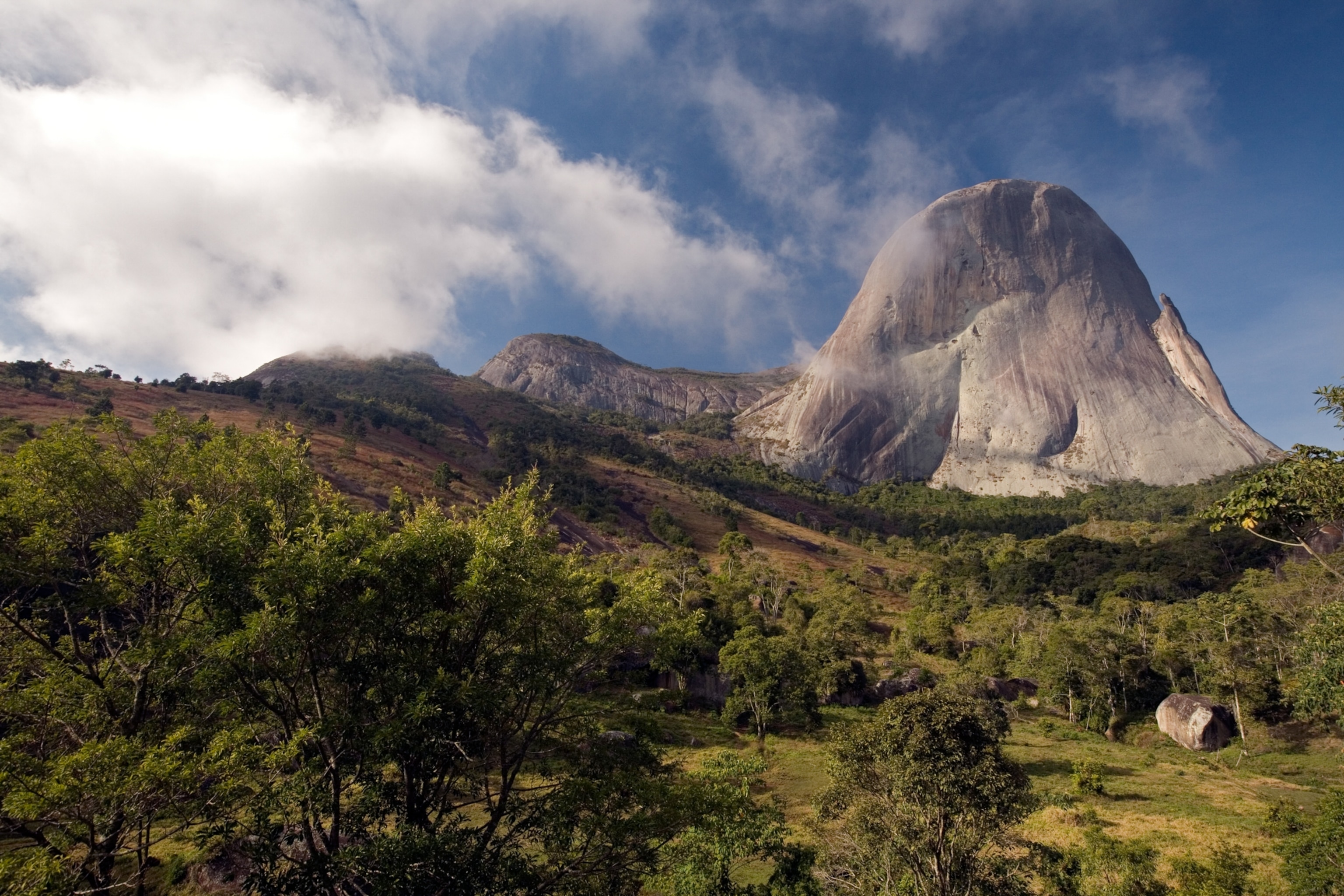 A smooth and round mountain, with a sheer cliff of bright granite, towering over a green hill of trees.