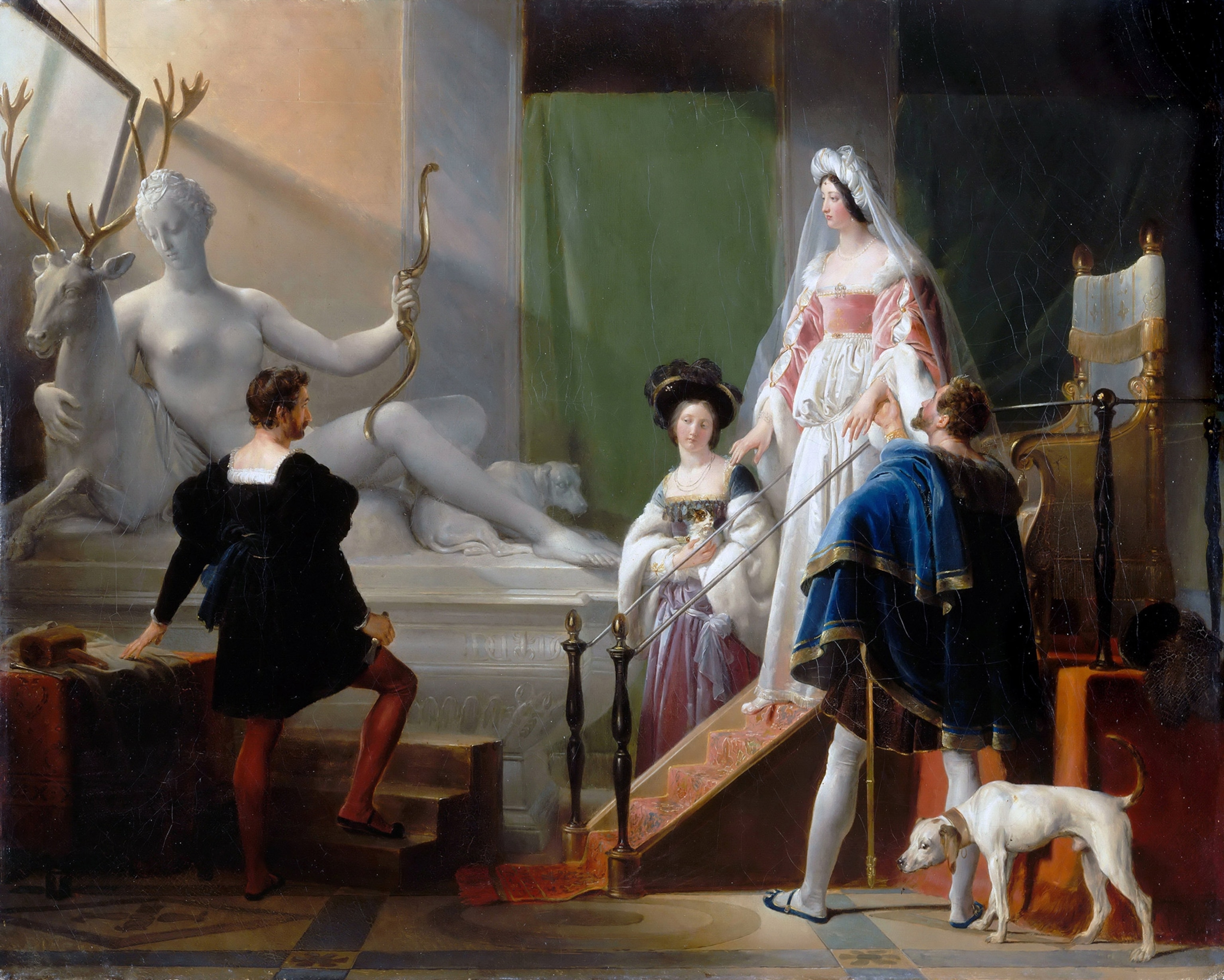 Painting showing Diane De poiters seeing a sculpture of herself.