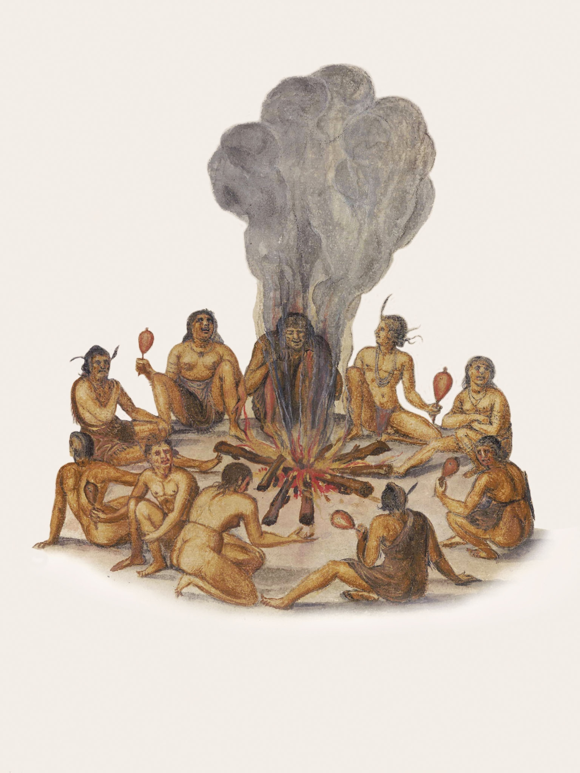 Indians holding gourd rattles take part in a ceremony around a campfire.