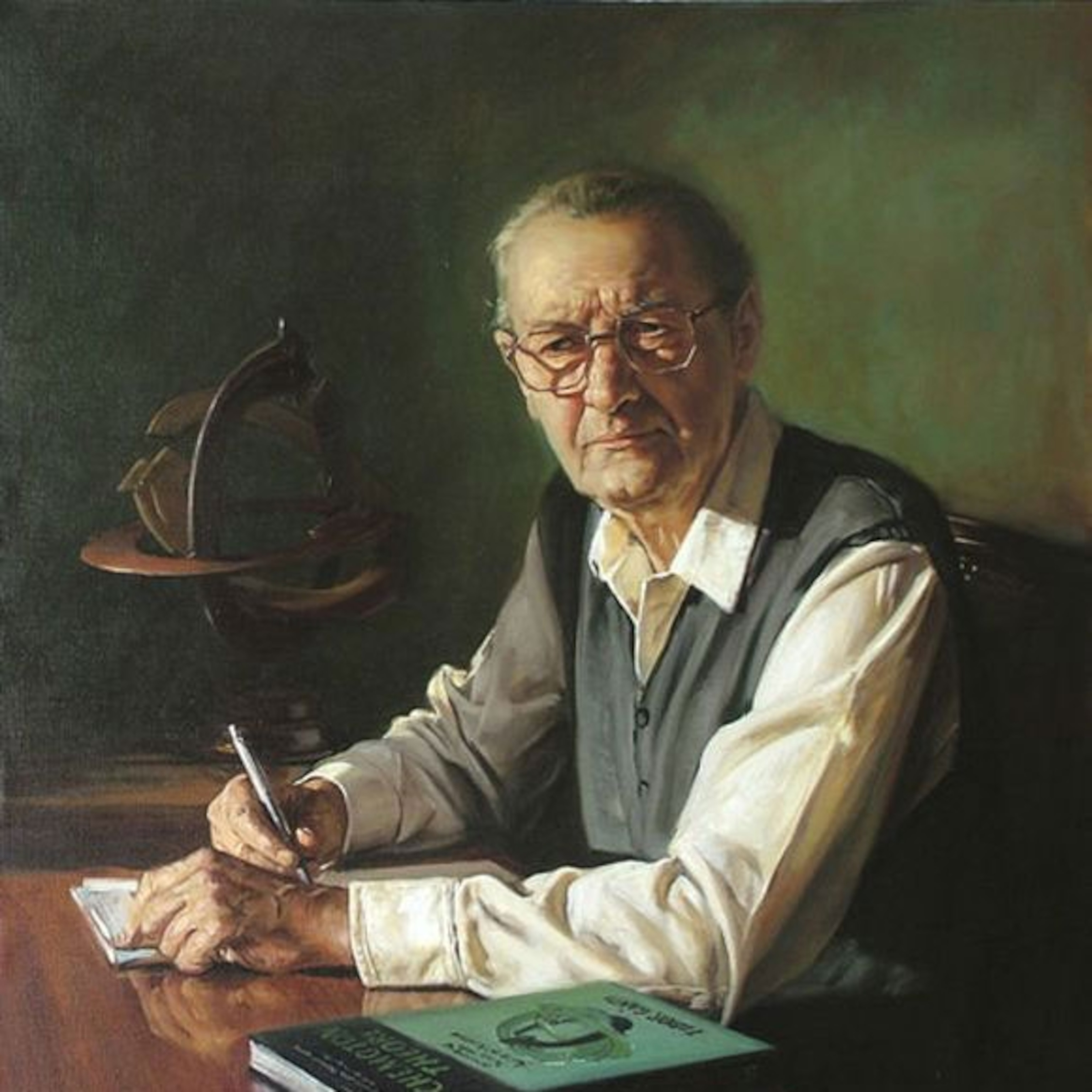 An oil painting of Hungarian biologist Tibor Gánti.