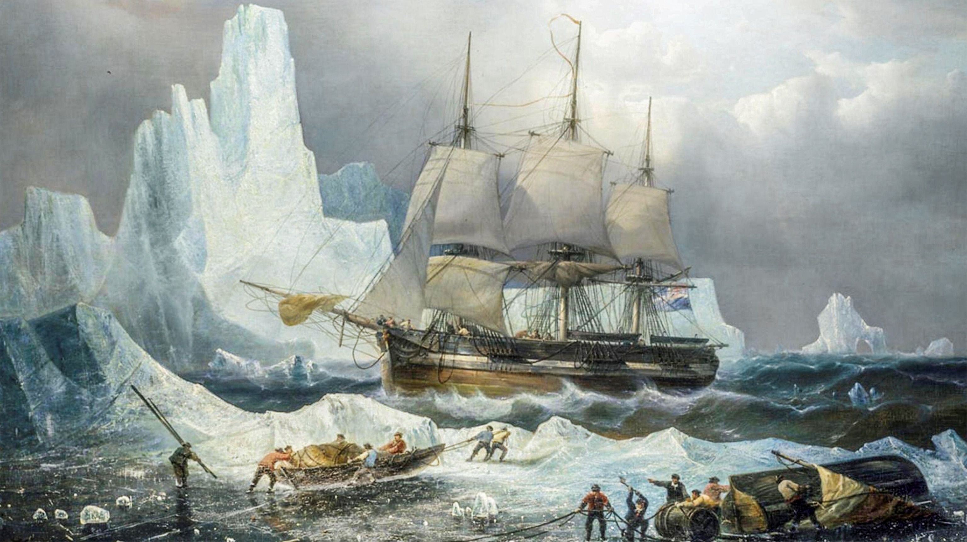 Painting of a ship between icebergs.