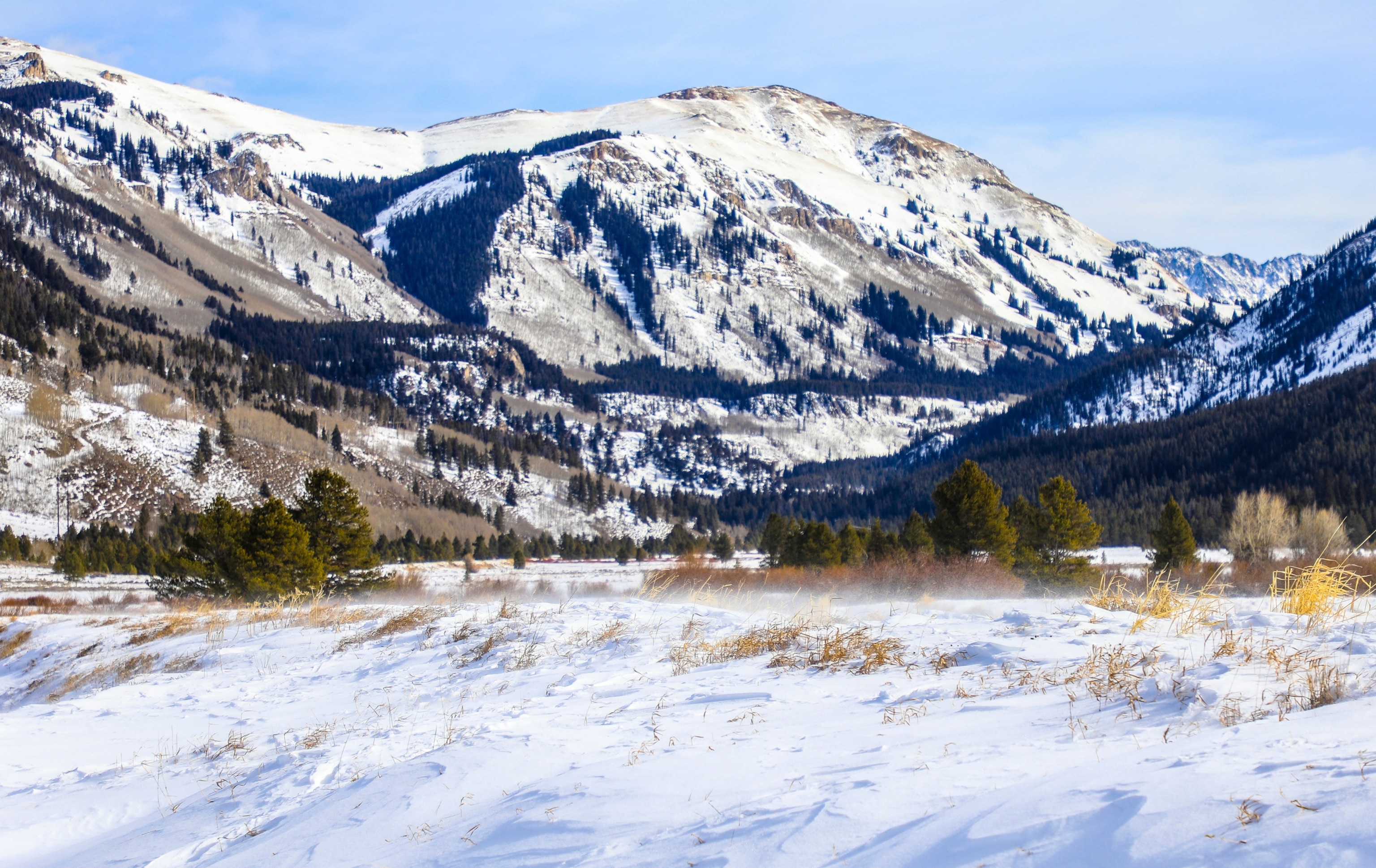A landscape of Camp Hale, Colorado covered in snow