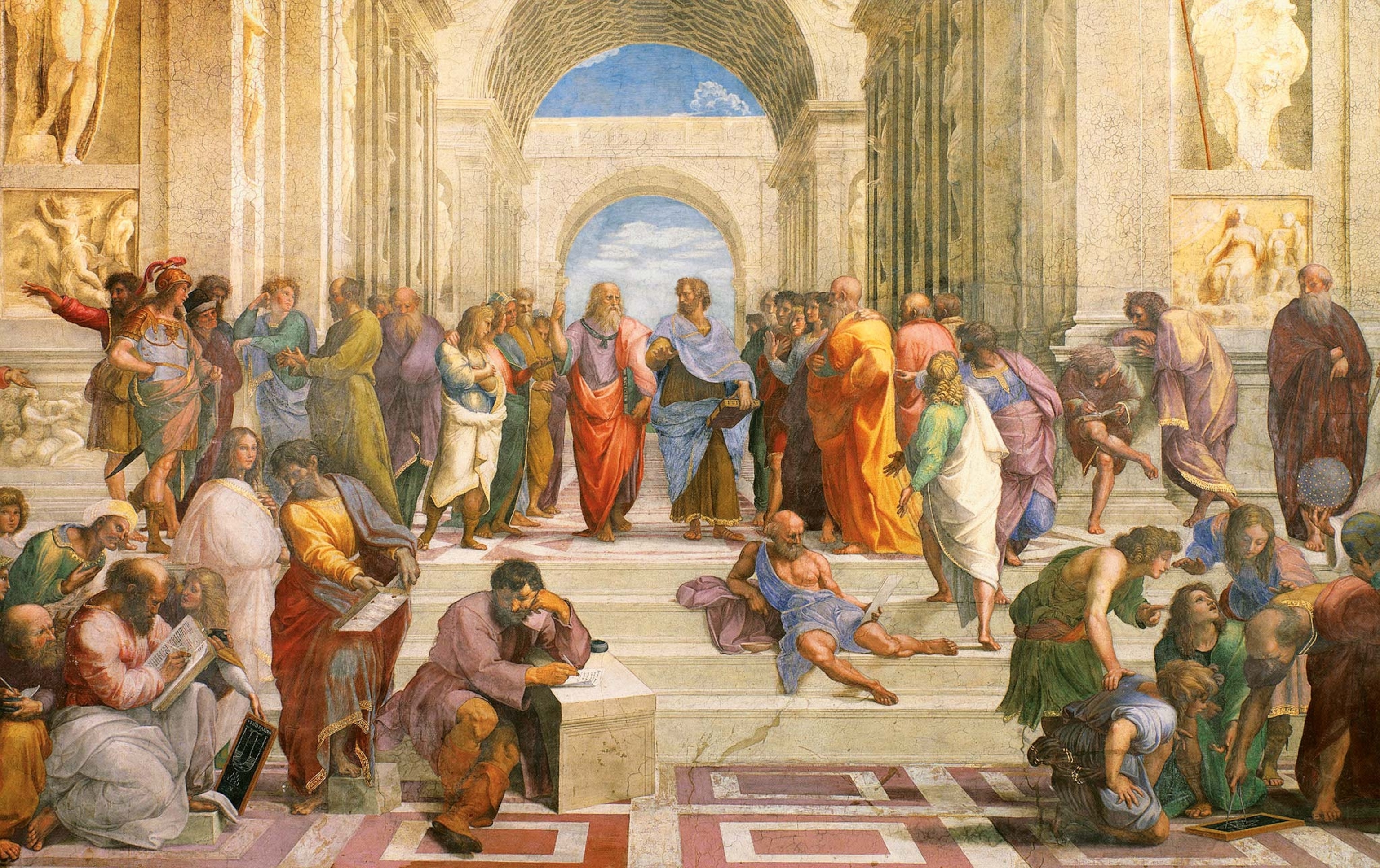 Raphael's painting of philosophers standing and sitting around a grand hall